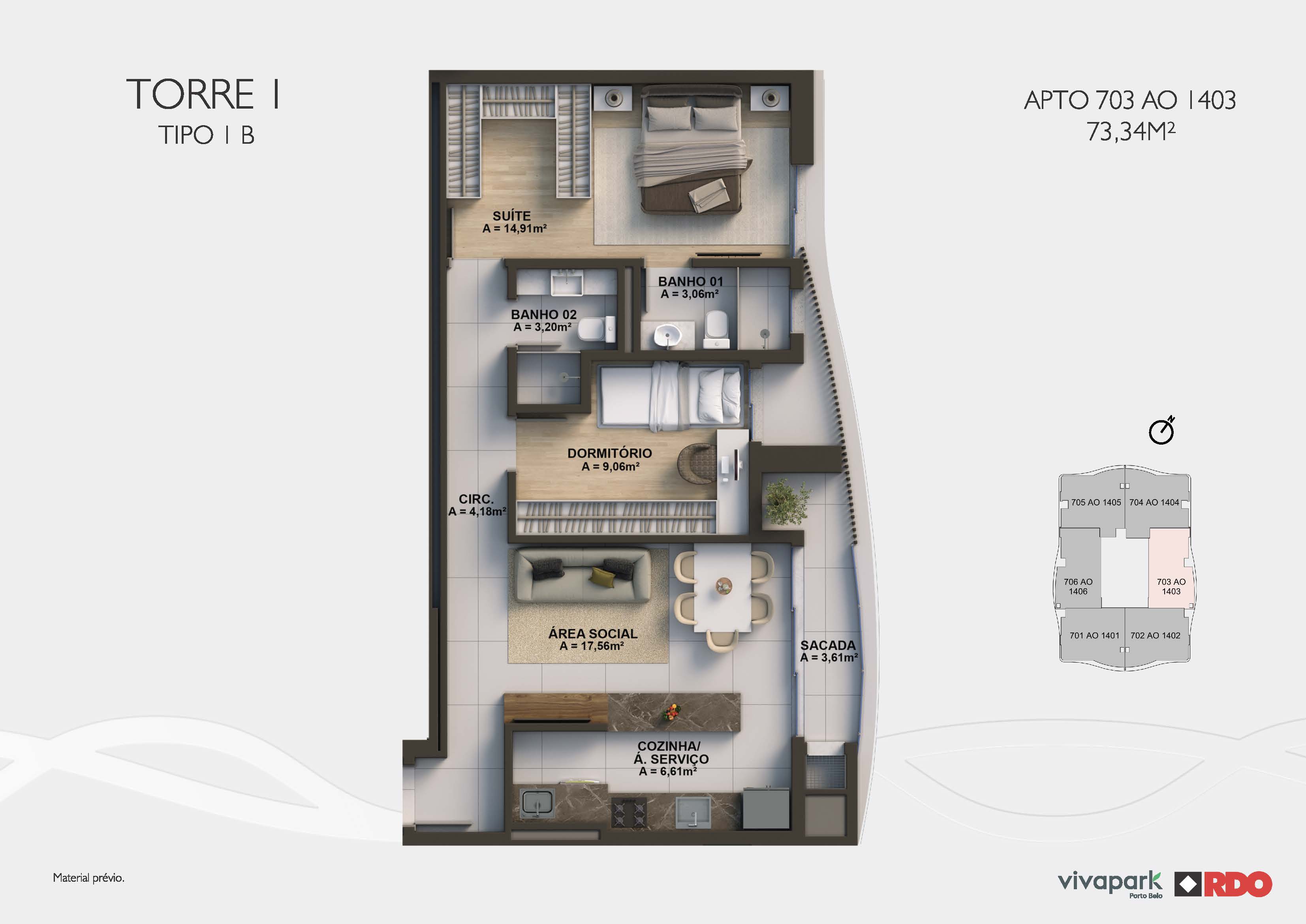 Tower 1 · Type 1B · 703 to 1403 · 73.34 m² · Valence · Vivapark Porto Belo