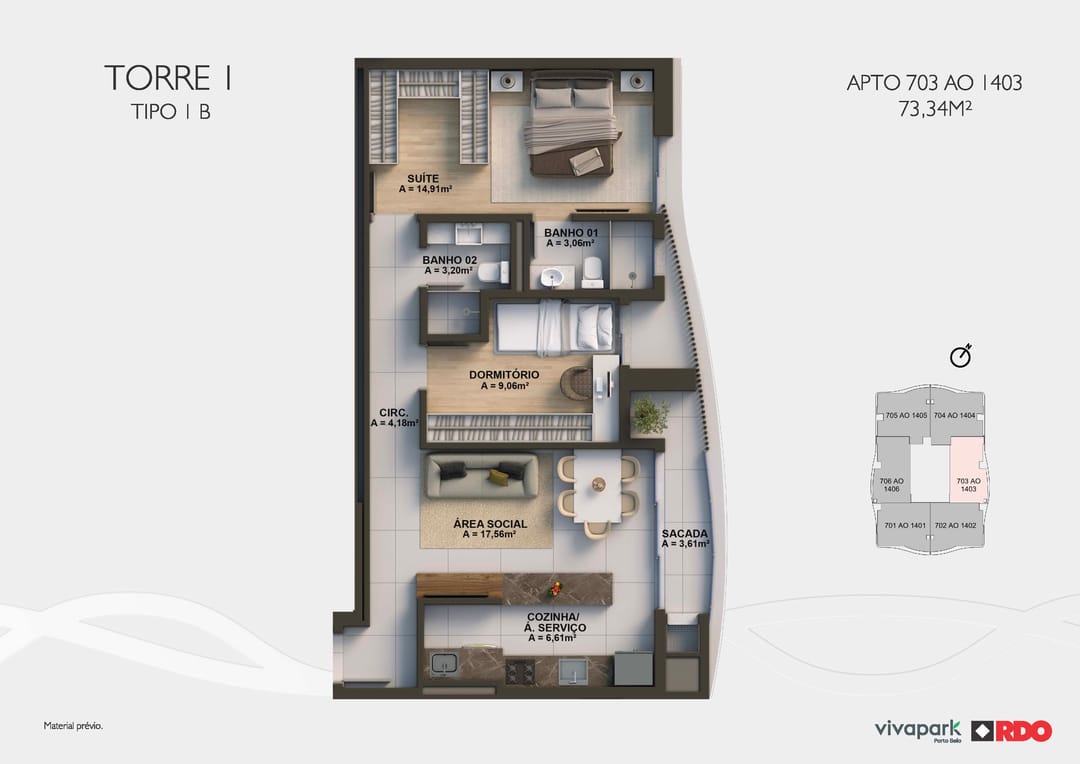Tower 1 · Type 1B · 703 to 1403 · 73.34 m² · Valence · Vivapark Porto Belo