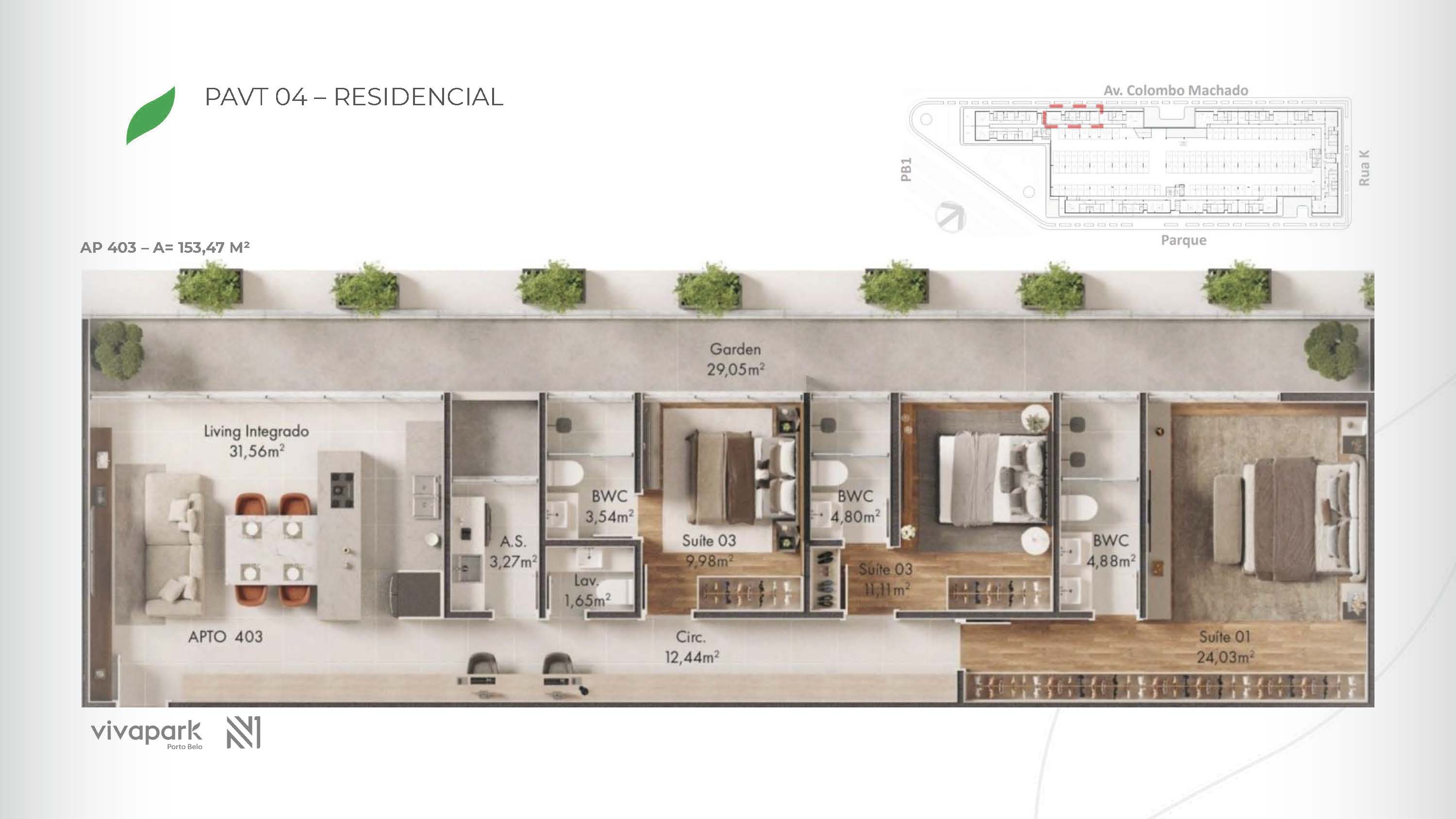 Base · Apt 403 · rendered floor plan · Vision · Vivapark Porto Belo