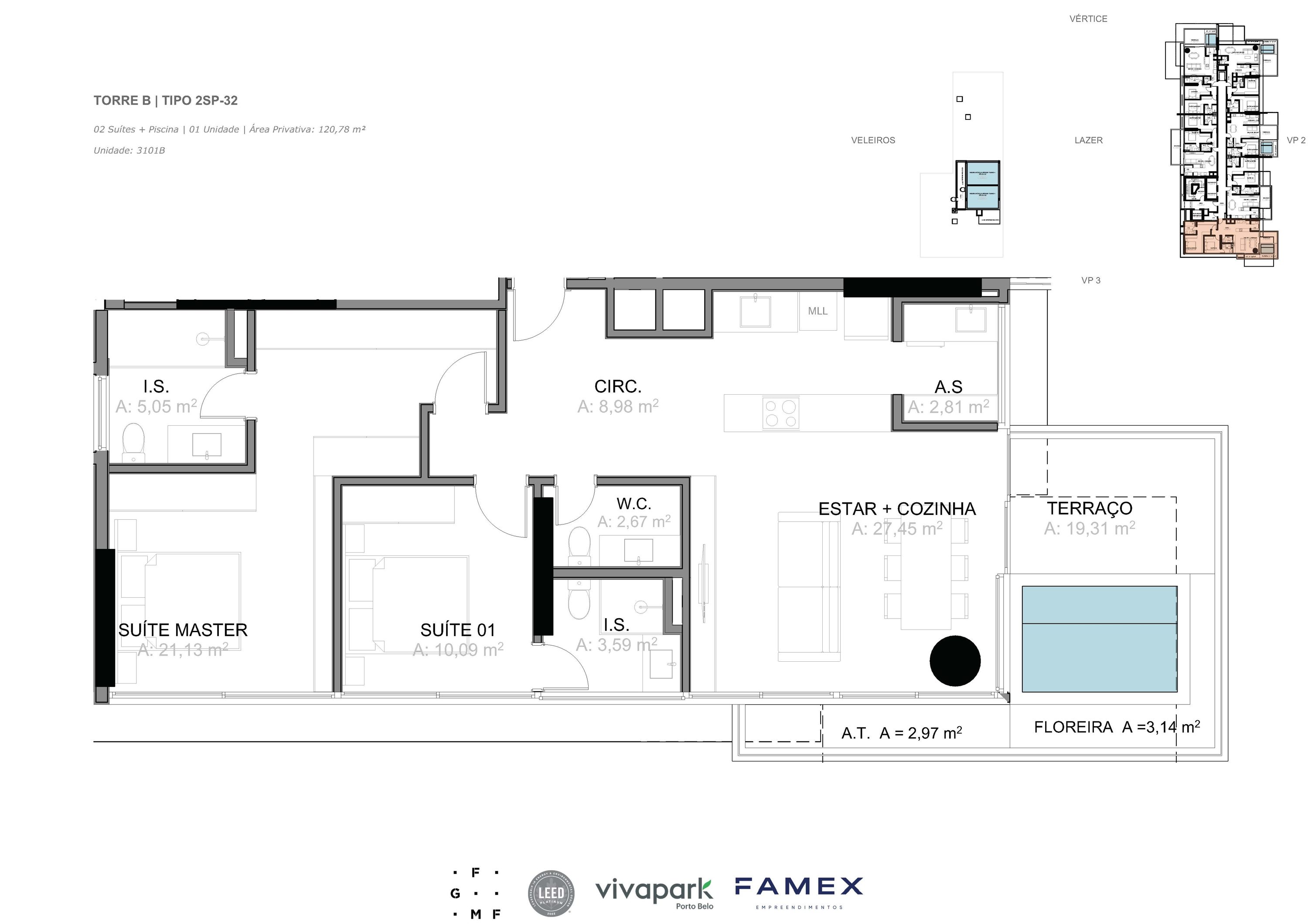Torre B · Tipo 2SP-32 · 02 Suítes + Piscina · 120,78 m²