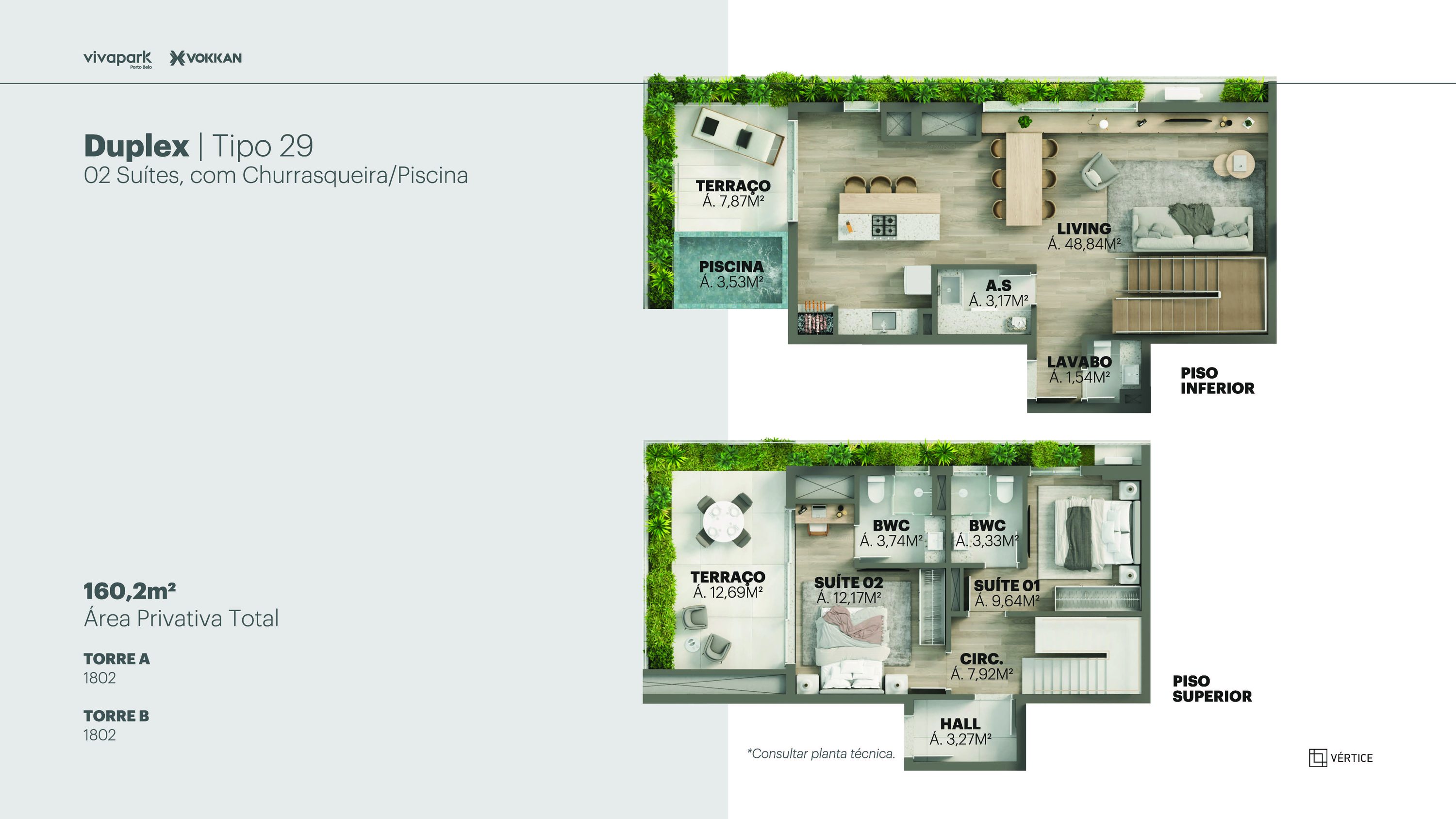 Tipo 29 · Duplex 2 suítes c/ churrasqueira e piscina · 160,2 m² · A e B: 1802 · Vértice · Vivapark Porto Belo