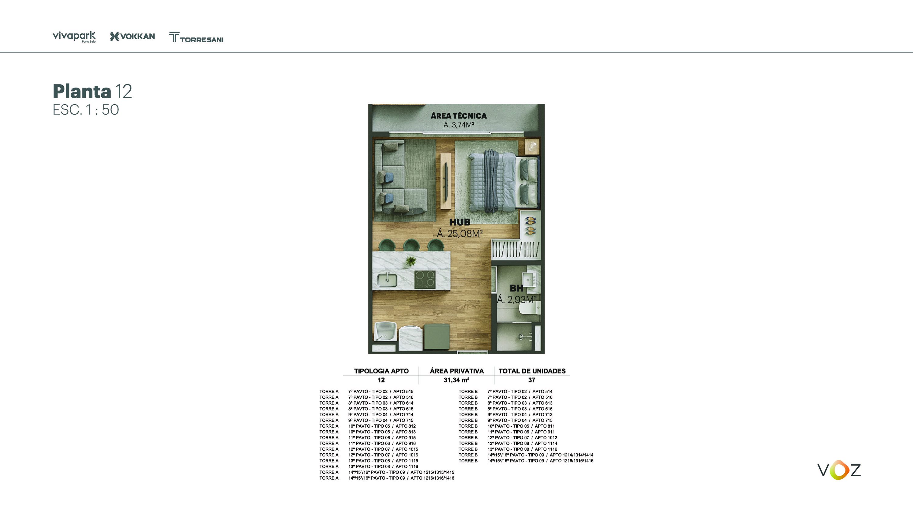 Planta 12 · 31,34 m² · A: 515, 516, 614, 615, 714, 715, 812, 813, 915, 916, 1015, 1016, 1115, 1116, 1215/1315/1415, 1216/1316/1416 · B: 514, 516, 613, 615, 713, 715, 811, 911, 1012, 1114, 1116, 1214/1314/1414, 1216/1316/1416 · Voz · Vivapark Porto Belo