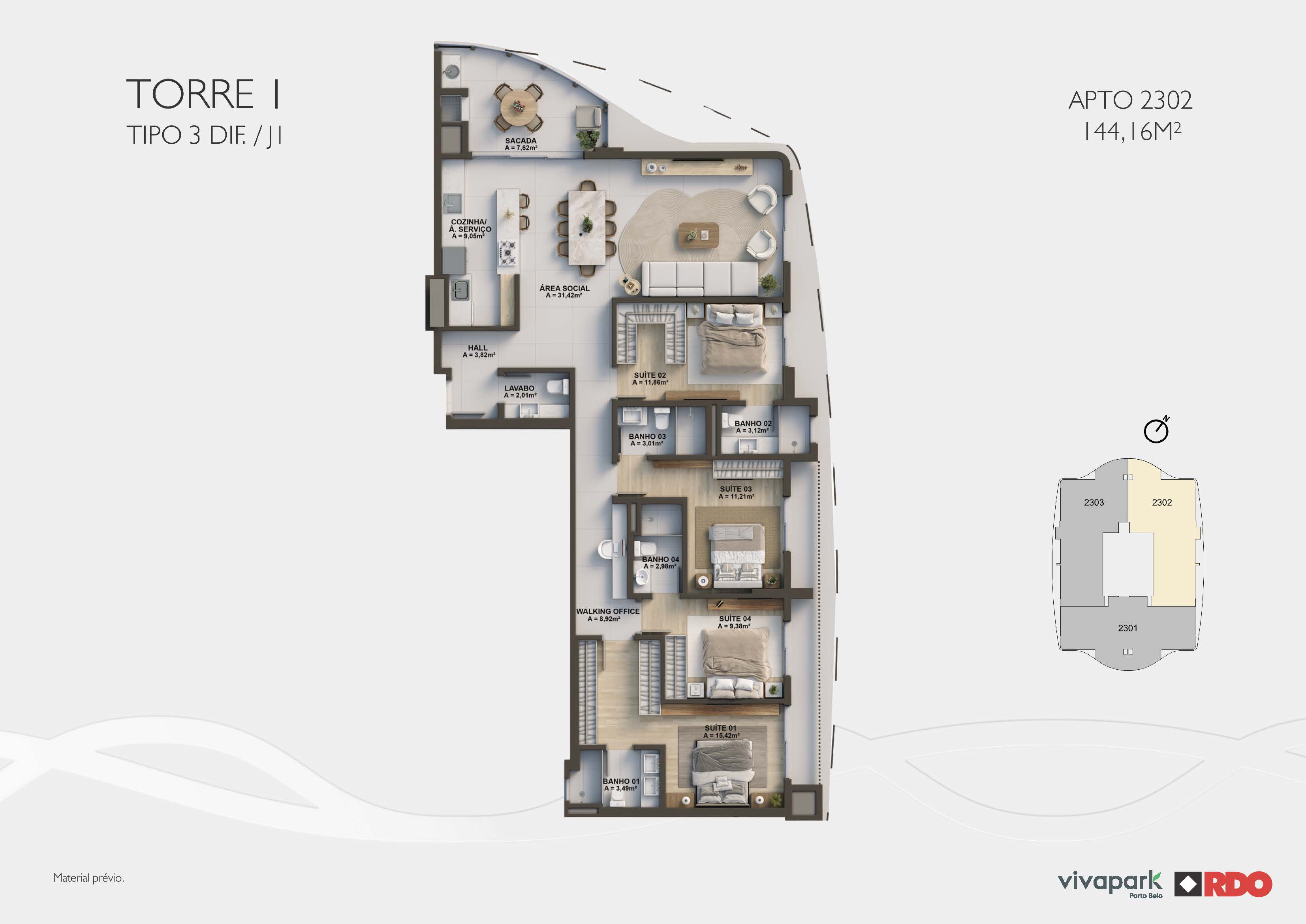 Tower 1 · Type 3 diff. J1 · Apt 2302 · 144.16 m² · Valence · Vivapark Porto Belo