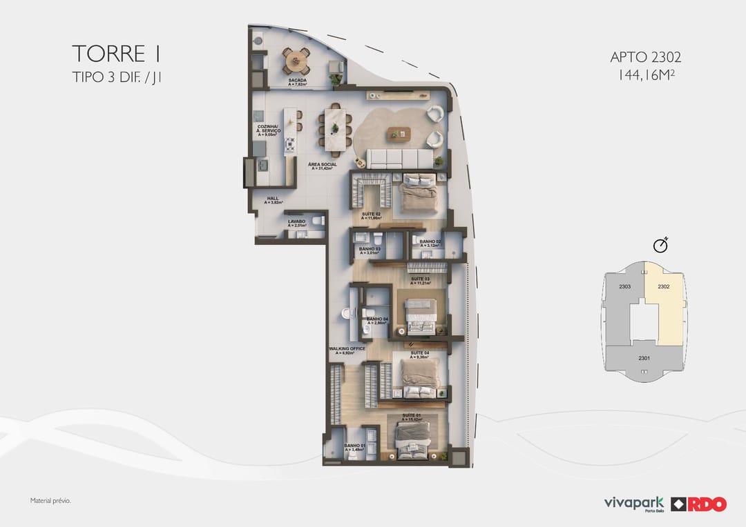 Tower 1 · Type 3 diff. J1 · Apt 2302 · 144.16 m² · Valence · Vivapark Porto Belo