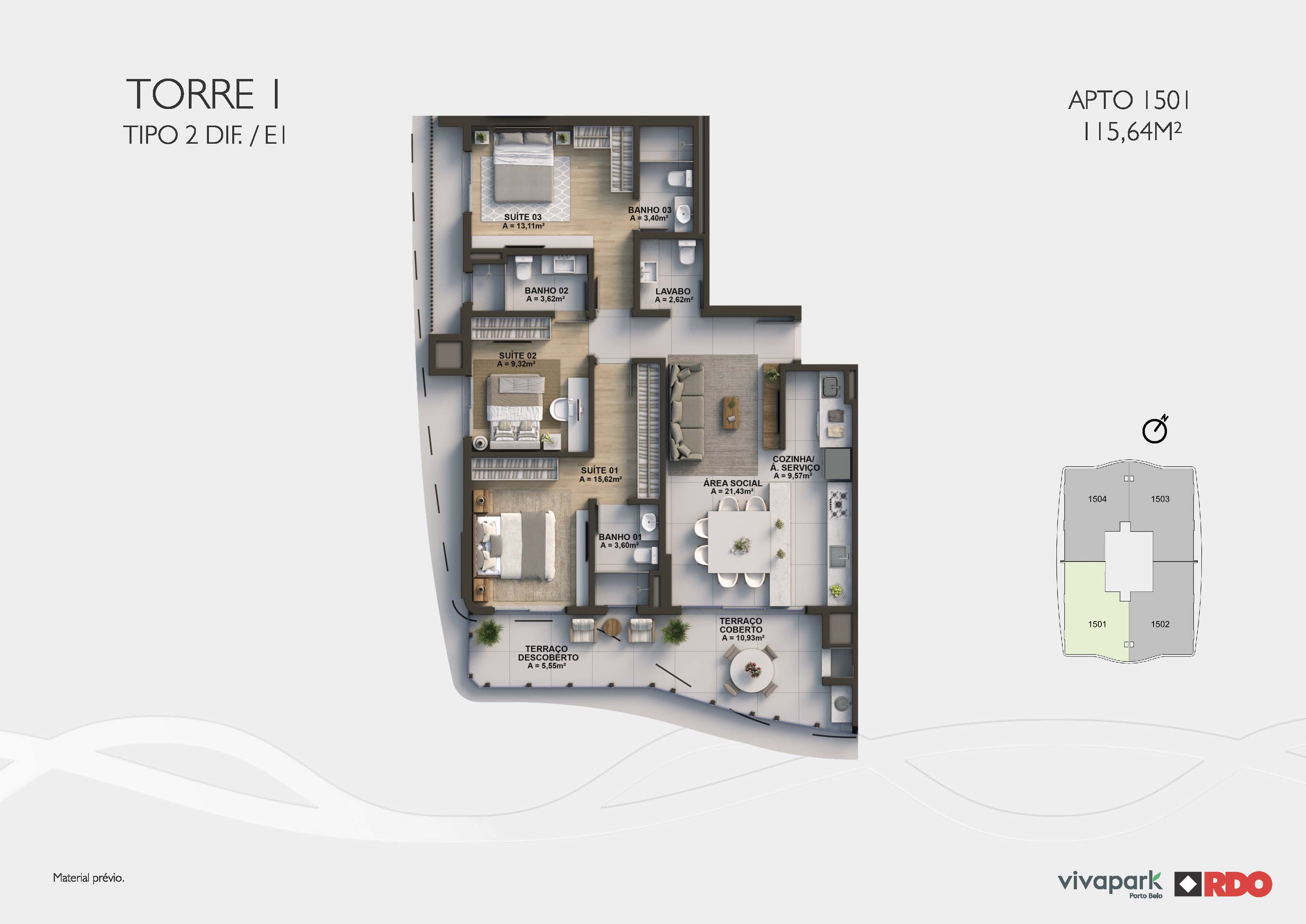 Torre 1 · Tipo 2 dif. E1 · Apto 1501 · 115,64 m²