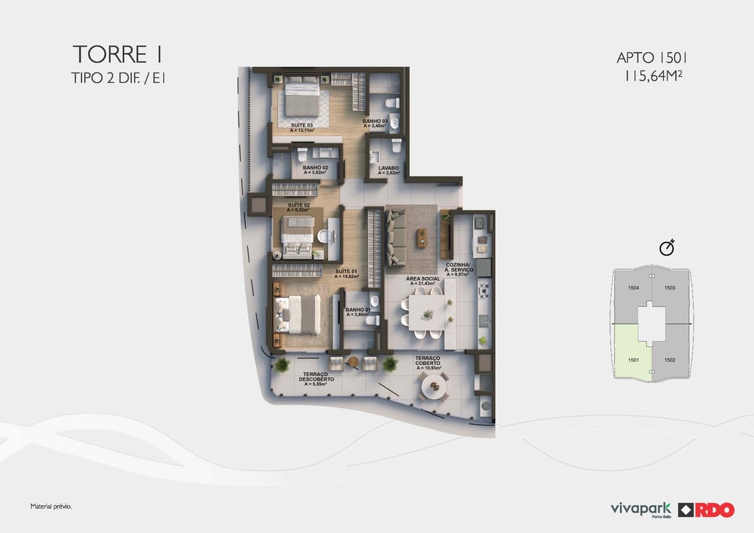 Tower 1 · Type 2 diff. E1 · Unit 1501 · 115.64 m² · Valence · Vivapark Porto Belo