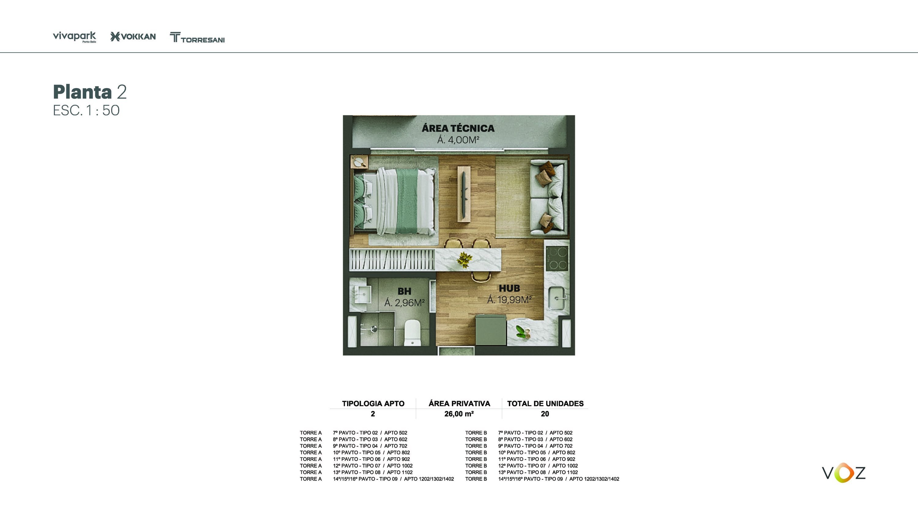 Planta 2 · 26,00 m² · Torres A e B: 502 ao 1102, 1202/1302/1402 · Voz · Vivapark Porto Belo