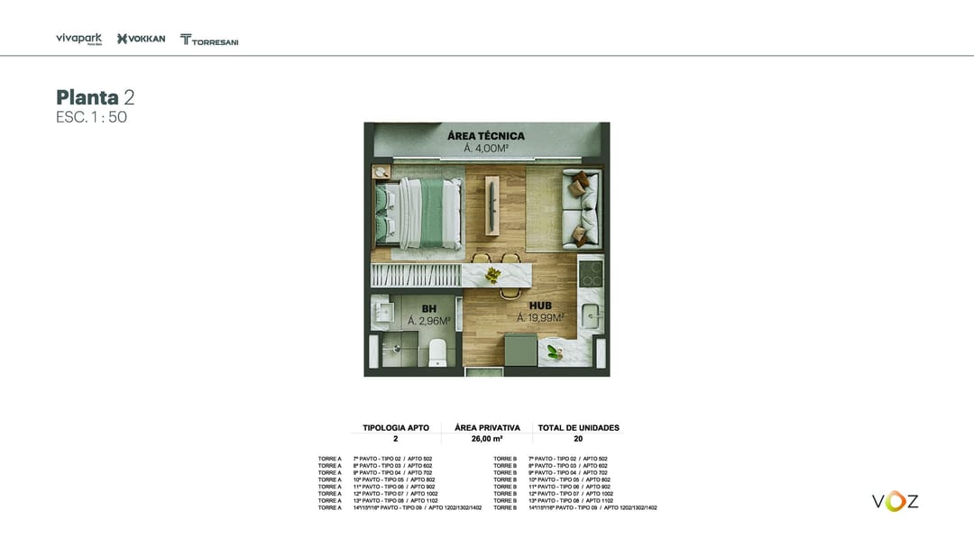 Planta 2 · 26,00 m² · Torres A e B: 502 ao 1102, 1202/1302/1402 · Voz · Vivapark Porto Belo