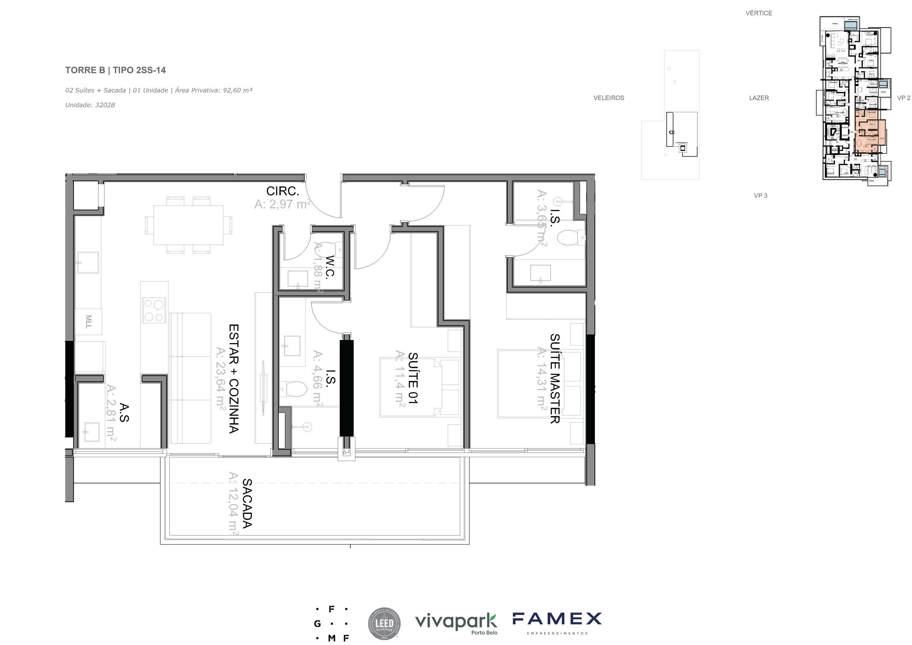 Torre B · Tipo 2SS-14 · 02 Suítes + Sacada · 92,60 m²