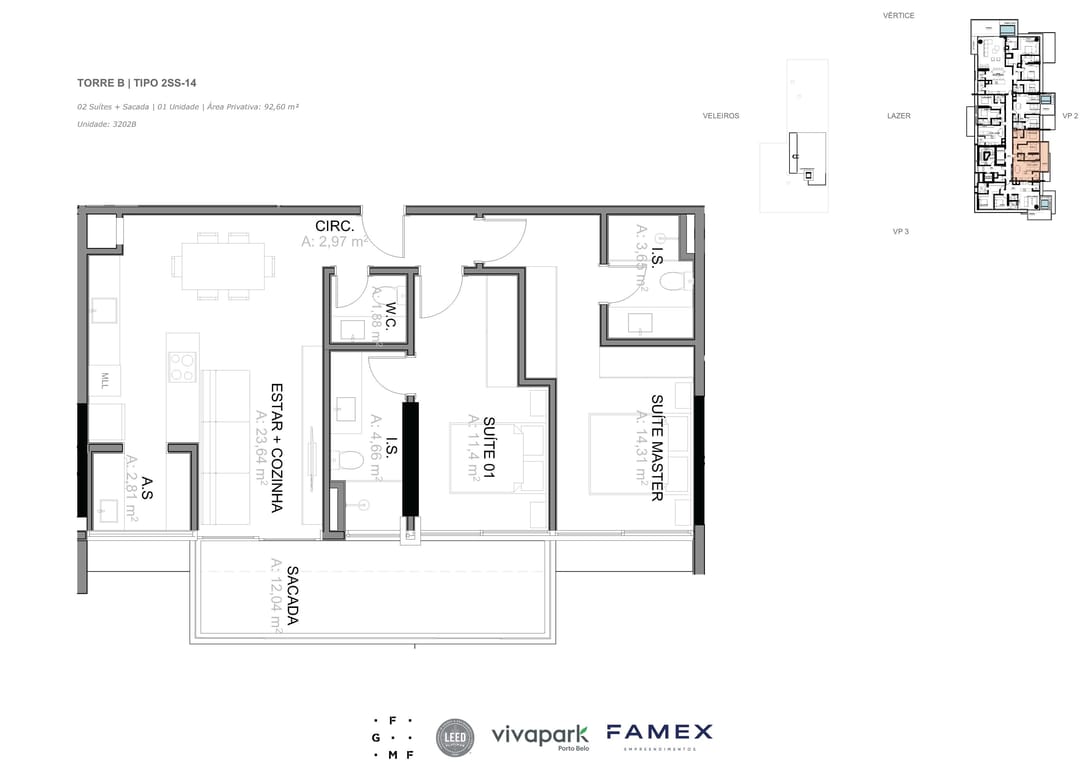 Torre B · Tipo 2SS-14 · 02 Suítes + Sacada · 92,60 m² · VITTA 27 · Vivapark Porto Belo