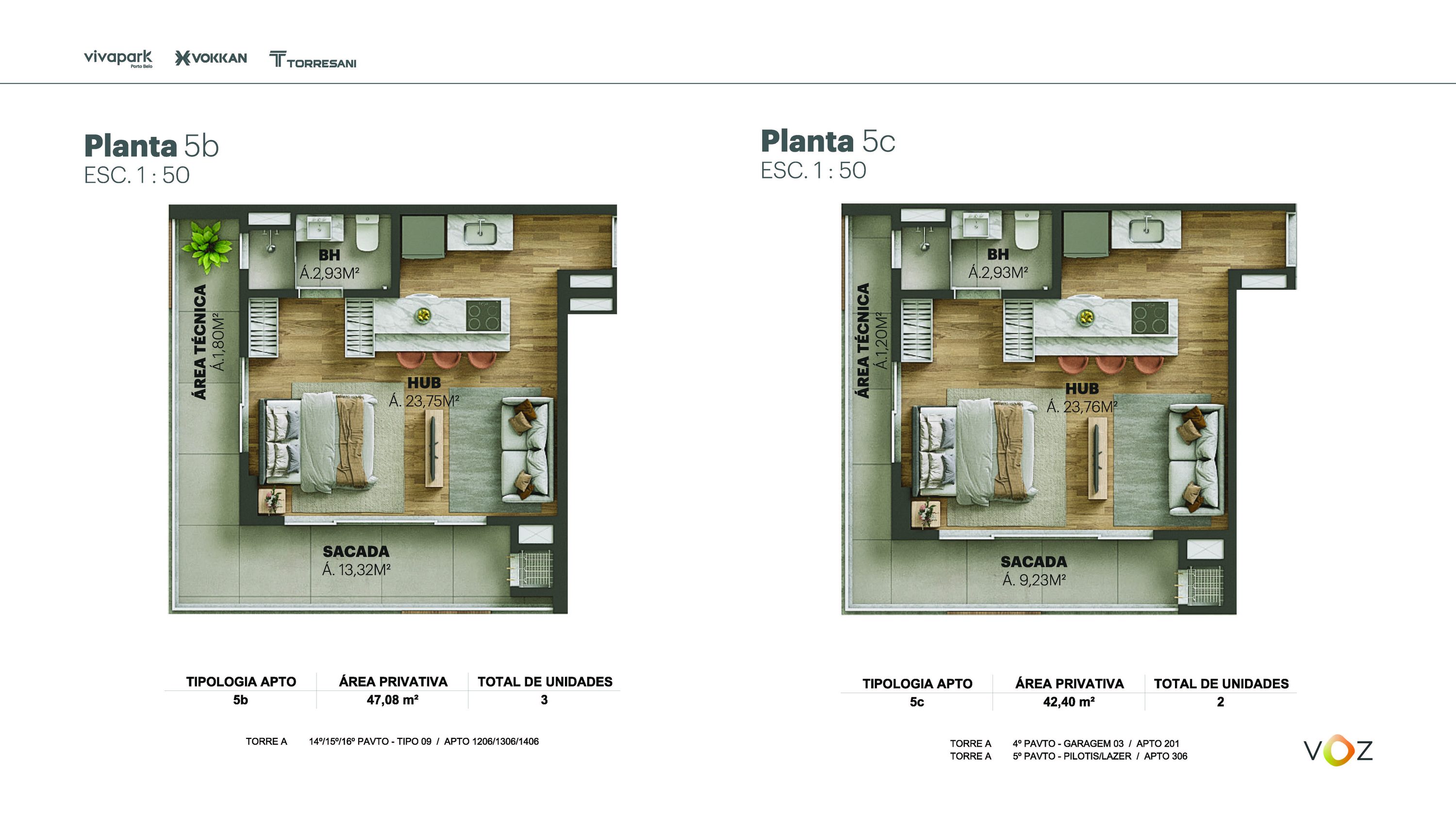 Plantas 5b e 5c · 47,08 / 42,40 m² · A: 1206, 1306, 1406 · A: 201, 306 · Voz · Vivapark Porto Belo