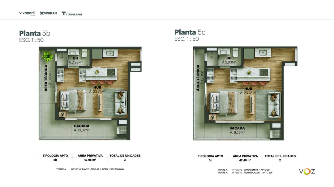 Plantas 5b e 5c · 47,08 / 42,40 m² · A: 1206, 1306, 1406 · A: 201, 306 · Voz · Vivapark Porto Belo