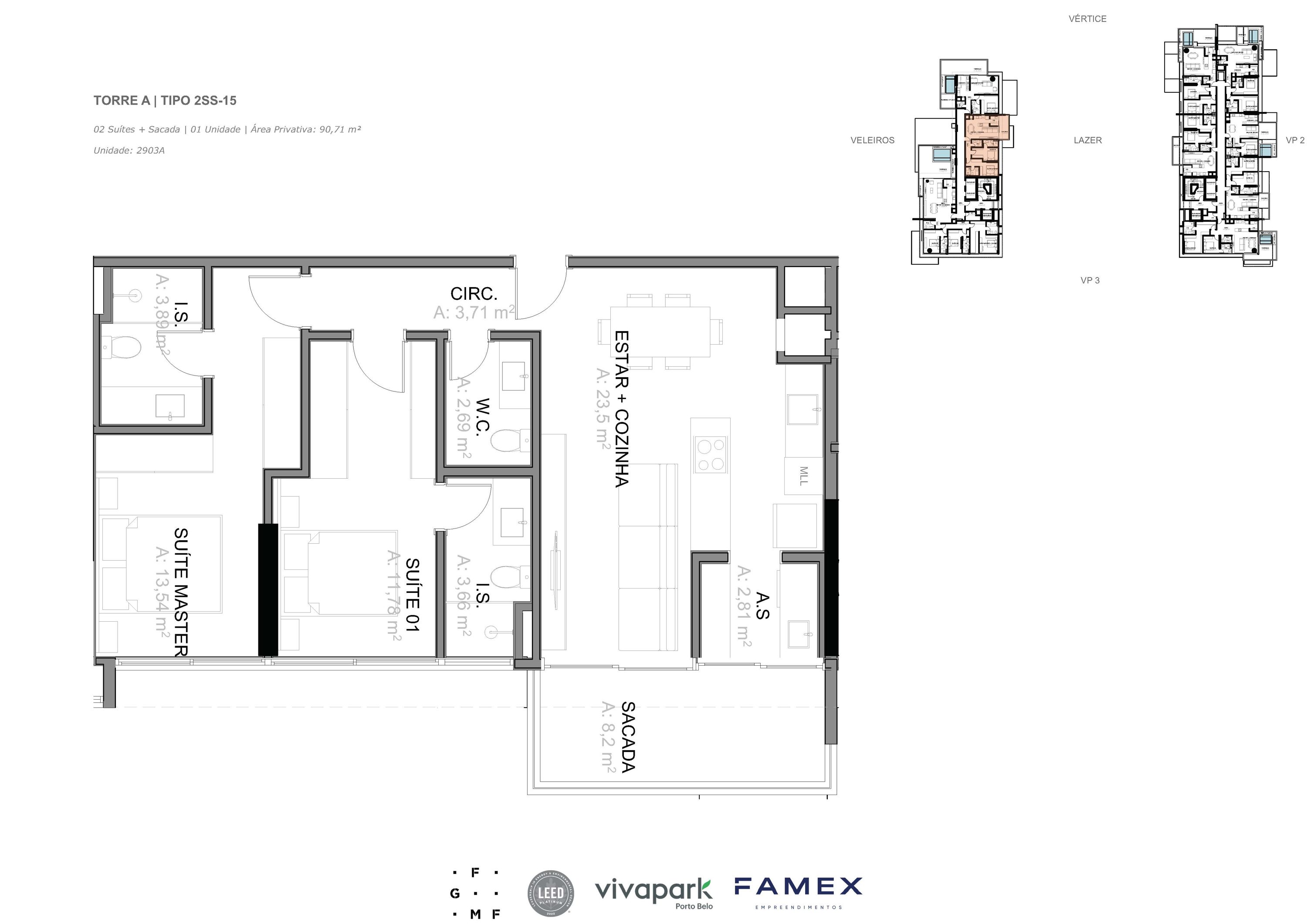 Torre A · Tipo 2SS-15 · 02 Suítes + Sacada · 90,71 m²