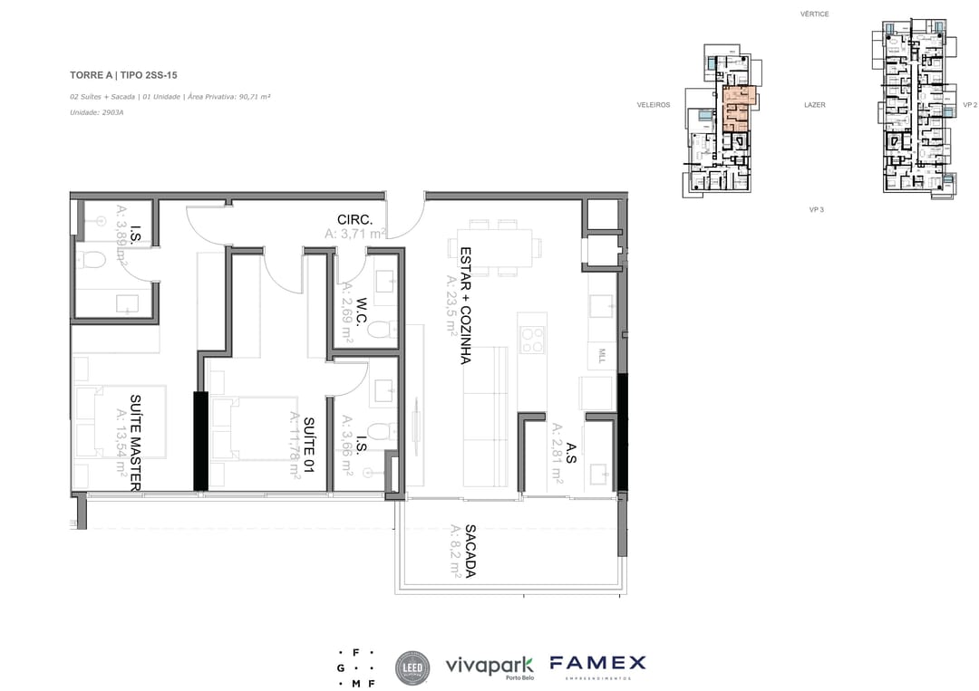 Torre A · Tipo 2SS-15 · 02 Suítes + Sacada · 90,71 m² · VITTA 27 · Vivapark Porto Belo