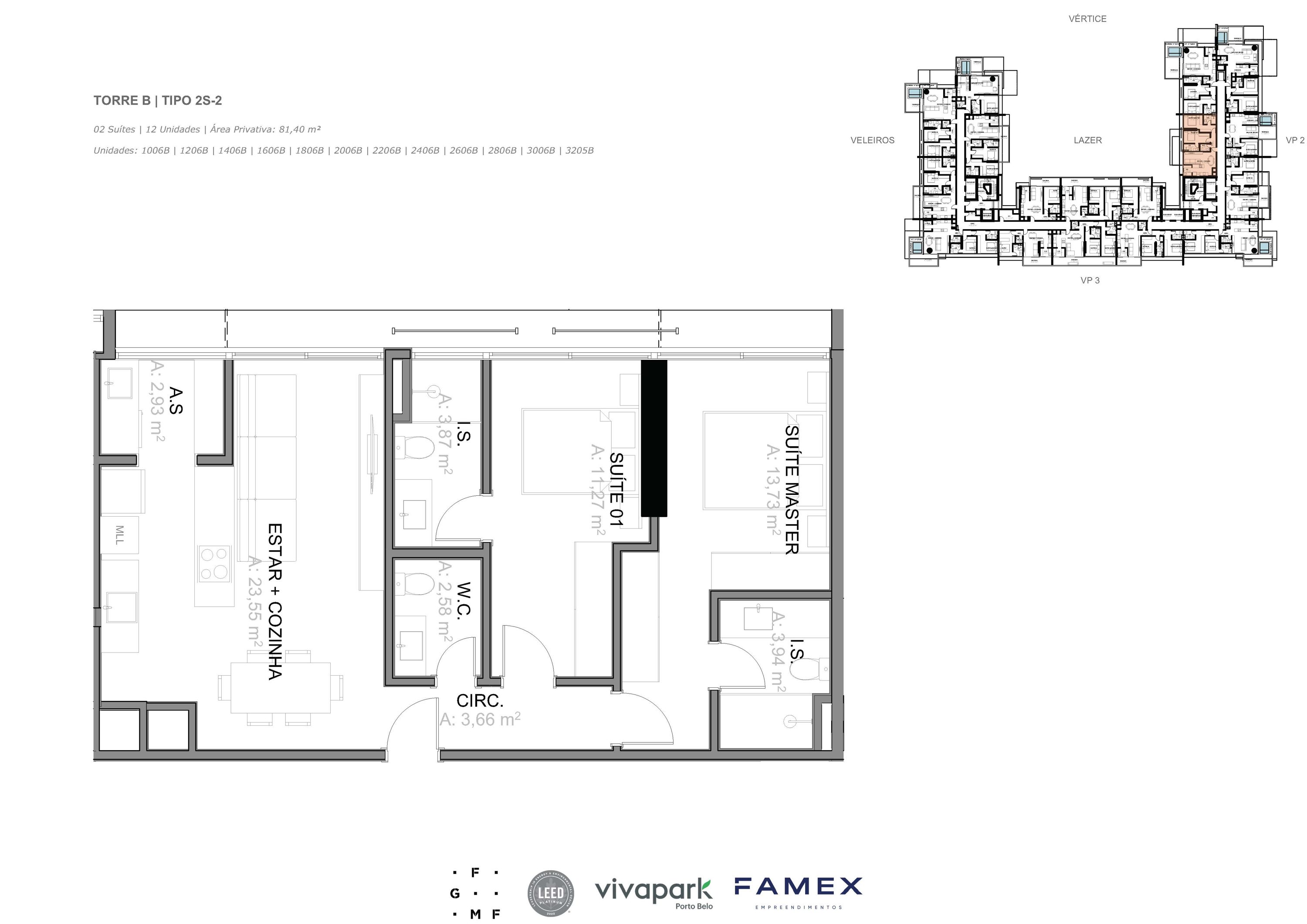 Torre B · Tipo 2S-2 · 02 Suítes · 81,40 m² · VITTA 27 · Vivapark Porto Belo