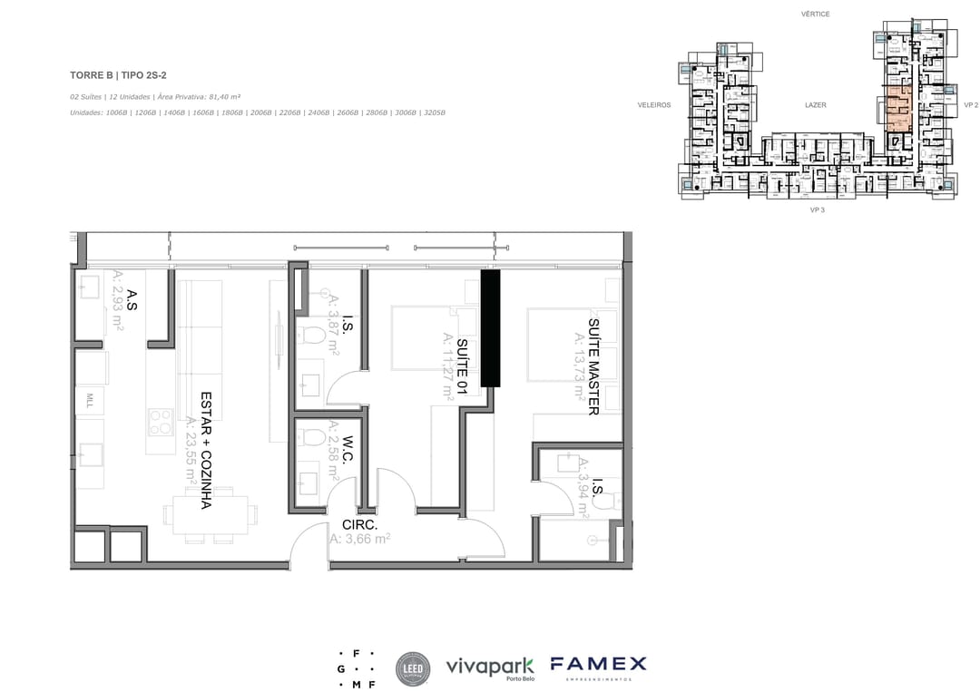 Torre B · Tipo 2S-2 · 02 Suítes · 81,40 m² · VITTA 27 · Vivapark Porto Belo