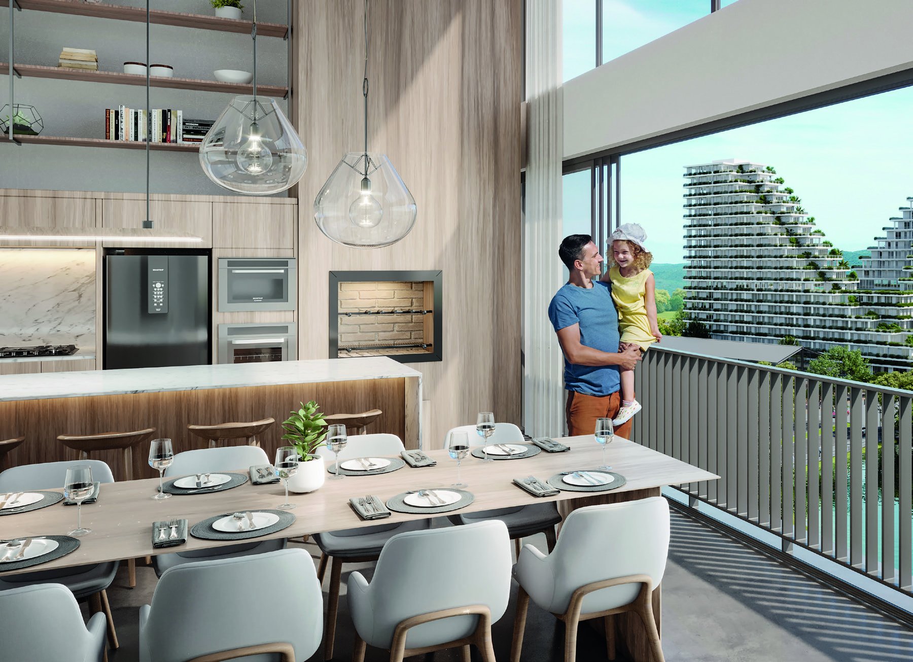 Model apartment — integrated living room and kitchen with views of the neighborhood · Vista Jardins · Vivapark Porto Belo