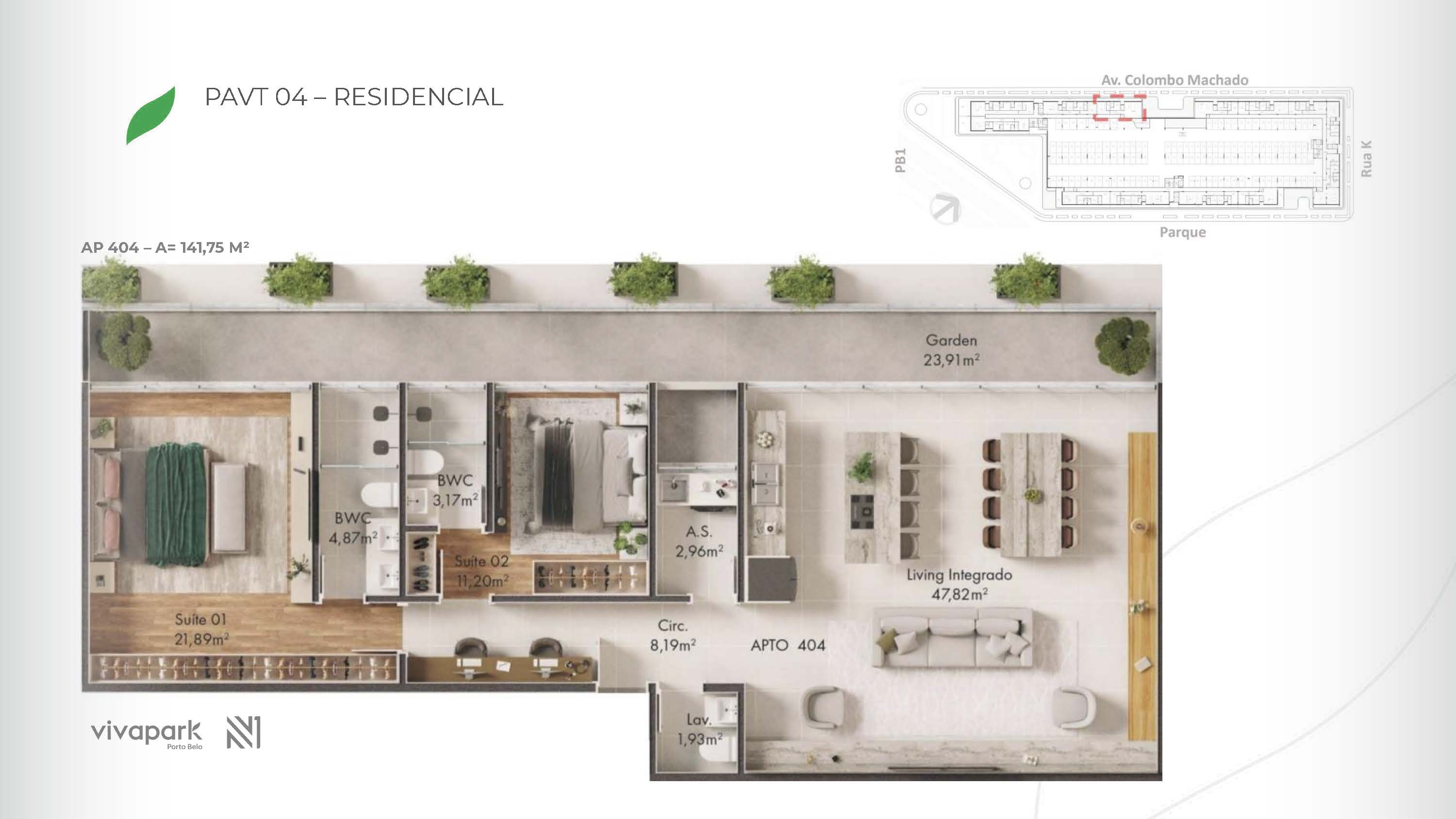 Base · Apt 404 · rendered floor plan · Vision · Vivapark Porto Belo