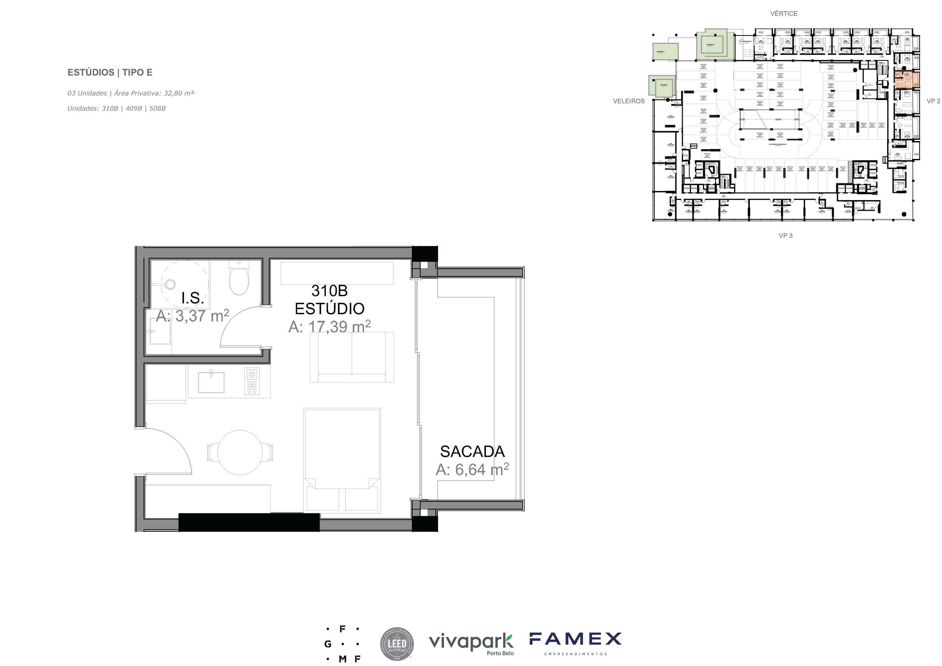 Estúdio · Tipo E · 32,80 m²