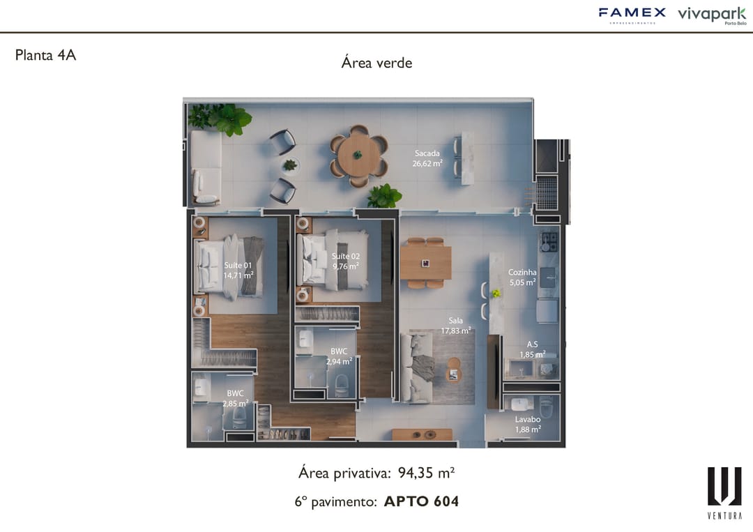 Planta 4A · Apto 604 · 94,35 m² · Ventura · Vivapark Porto Belo