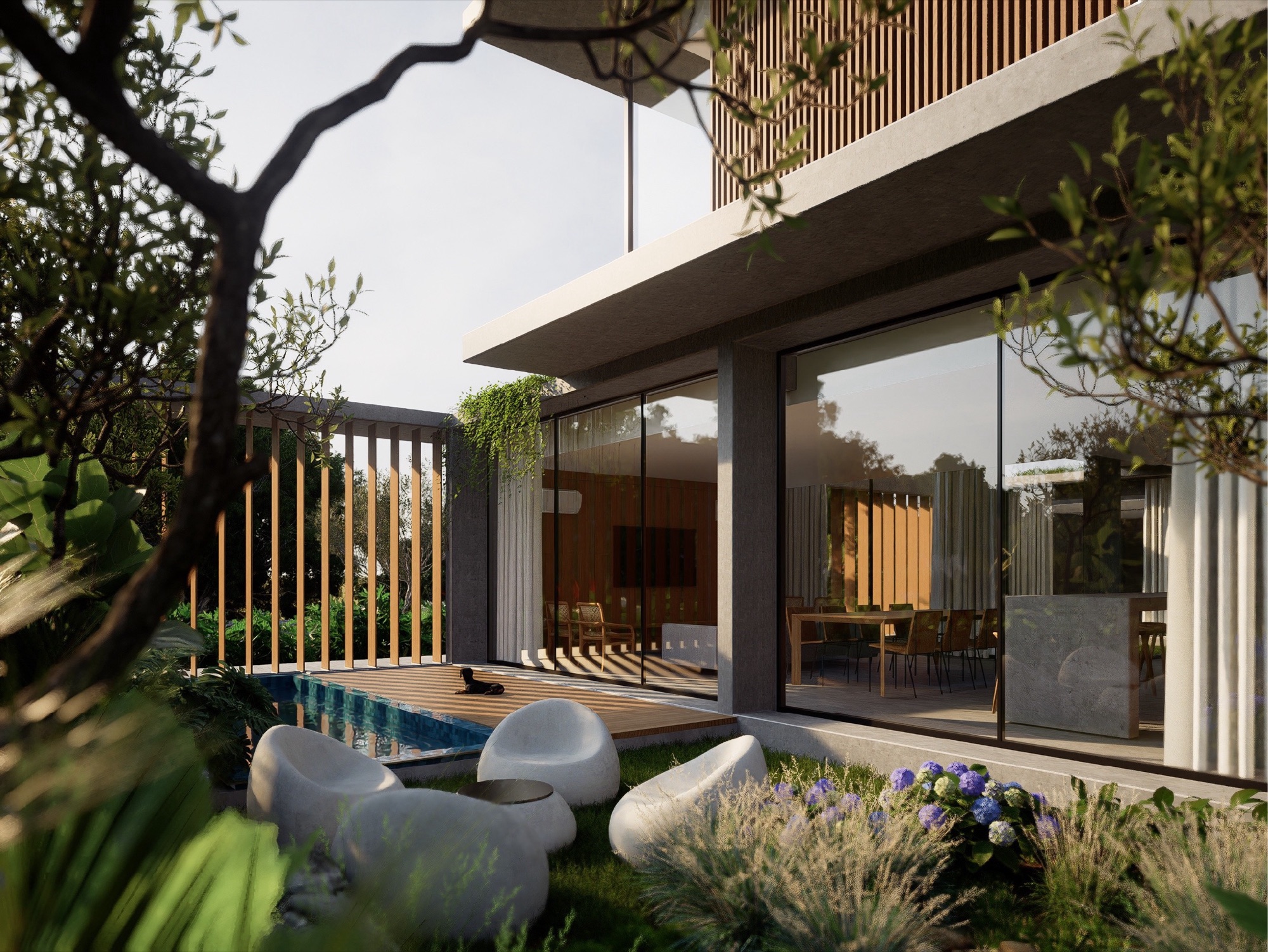 Living e jantar, pátio interno · Casa Jardim · Vivapark Porto Belo