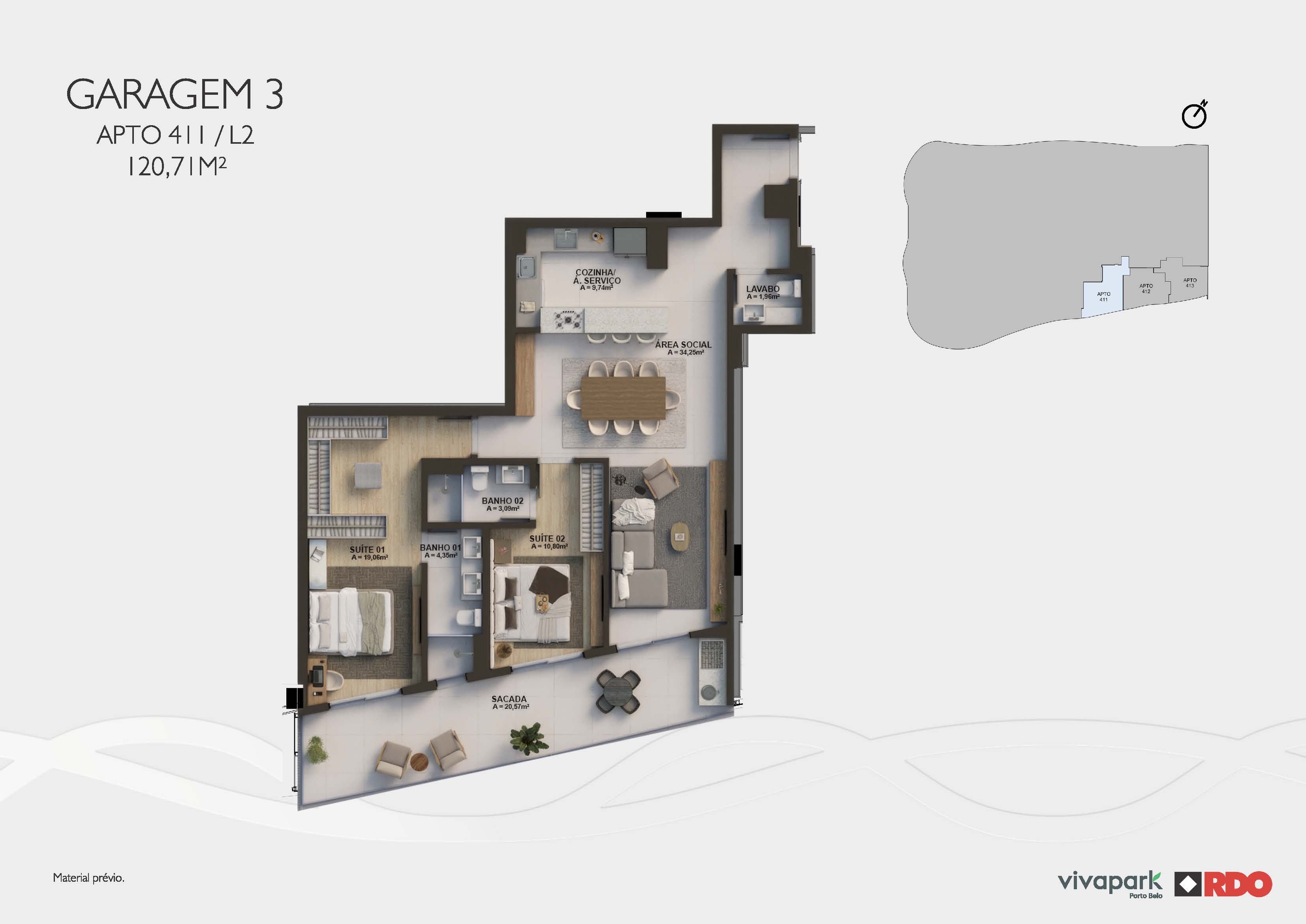 Apto 411 · Garagem 3 · L2 · 120,71 m²