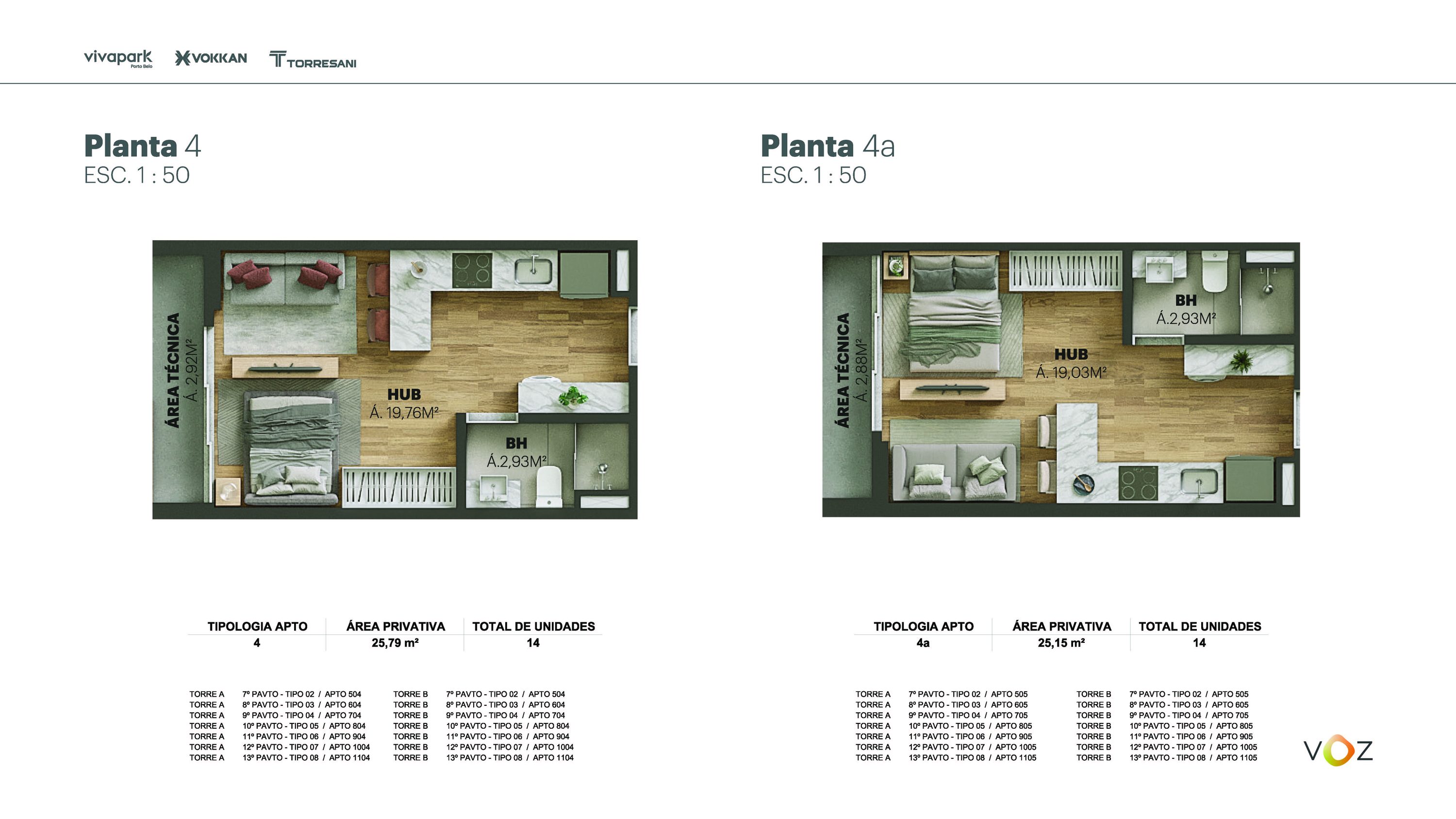 Plantas 4 e 4a · A e B: 504 ao 1104 · 505 ao 1105 · Voz · Vivapark Porto Belo