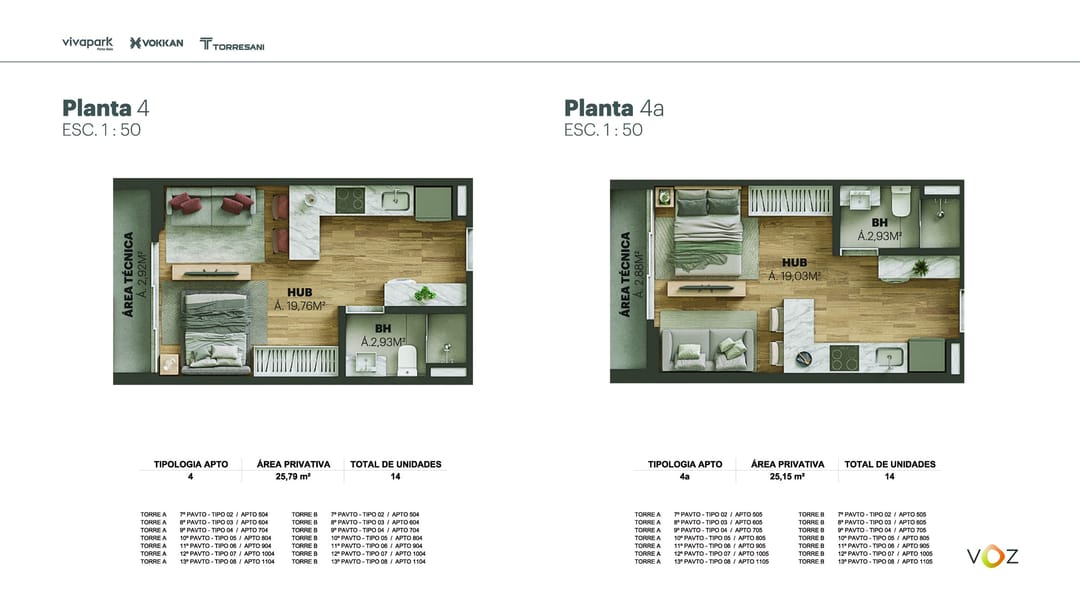 Plantas 4 e 4a · A e B: 504 ao 1104 · 505 ao 1105 · Voz · Vivapark Porto Belo