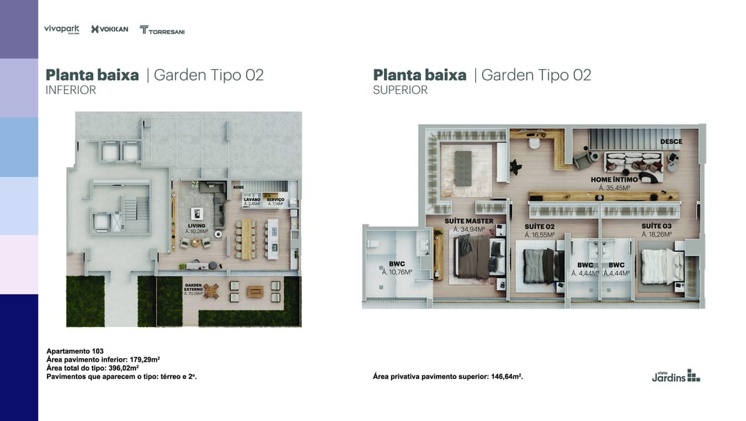 Garden Tipo 02 · Apto 103 · 396,02 m² (térreo e 2º) · Vista Jardins · Vivapark Porto Belo