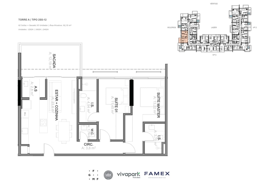Torre A · Tipo 2SS-12 · 02 Suítes + Sacada · 92,75 m² · VITTA 27 · Vivapark Porto Belo