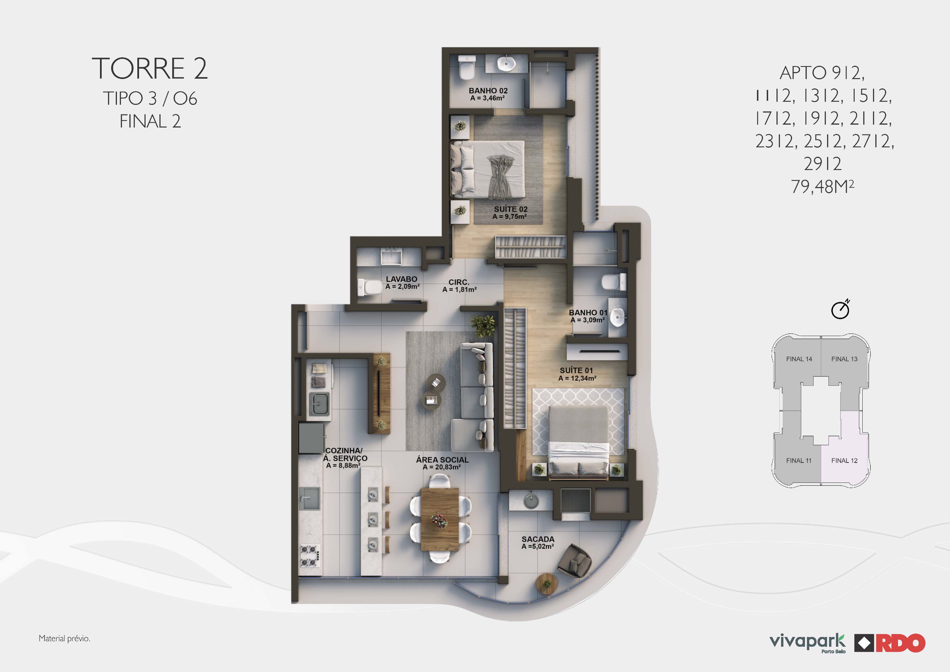 Torre 2 · Tipo 3 O6 · final 2 (andares ímpares)