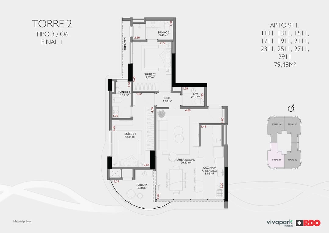 Torre 2 · Tipo 3 O6 · final 1 (andares ímpares) · Valence · Vivapark Porto Belo