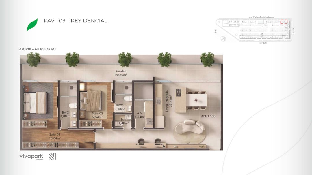 Embasamento · Apto 308 · planta humanizada · Vision · Vivapark Porto Belo