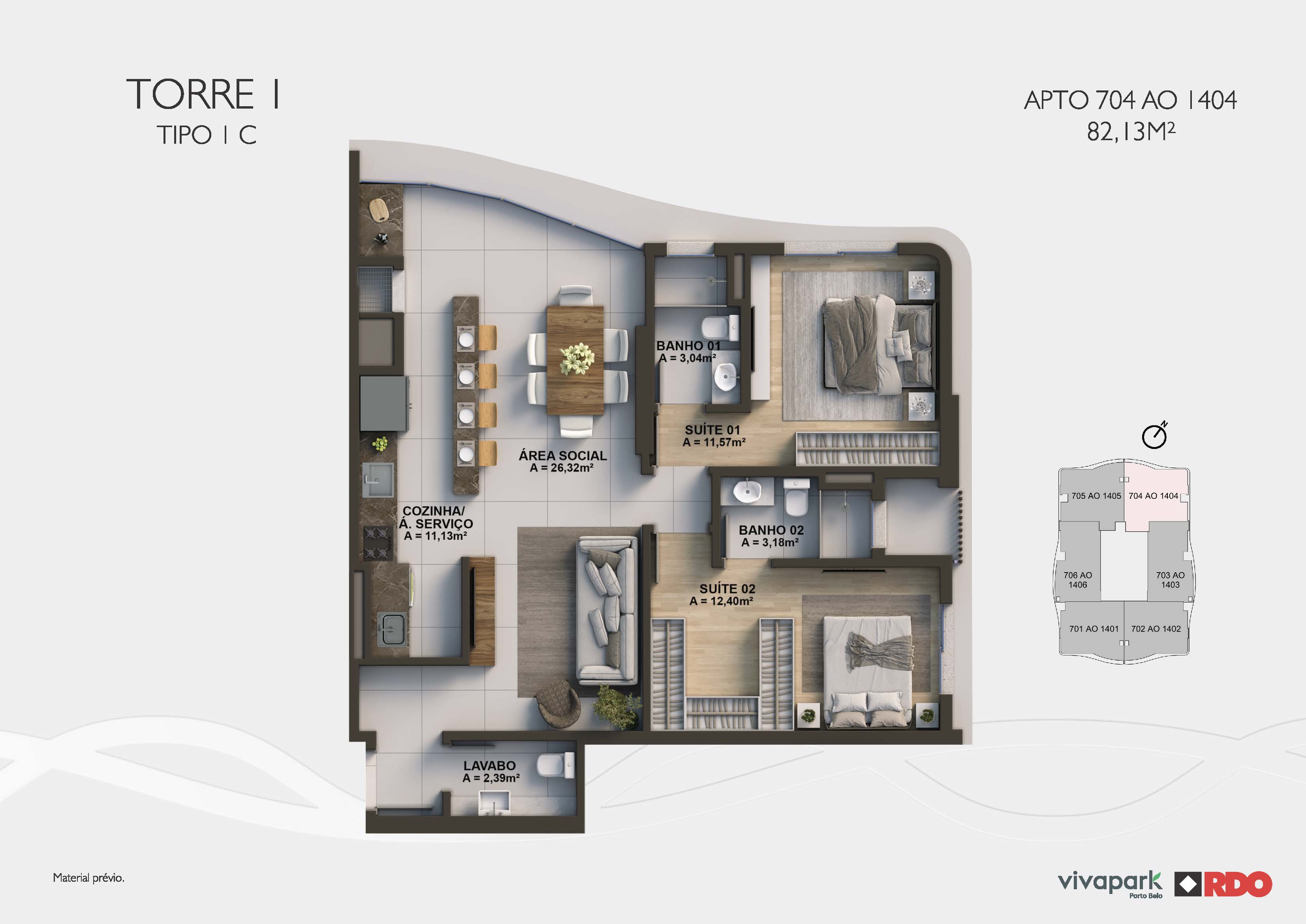 Tower 1 · Type 1C · 704 to 1404 · 82.13 m² · Valence · Vivapark Porto Belo