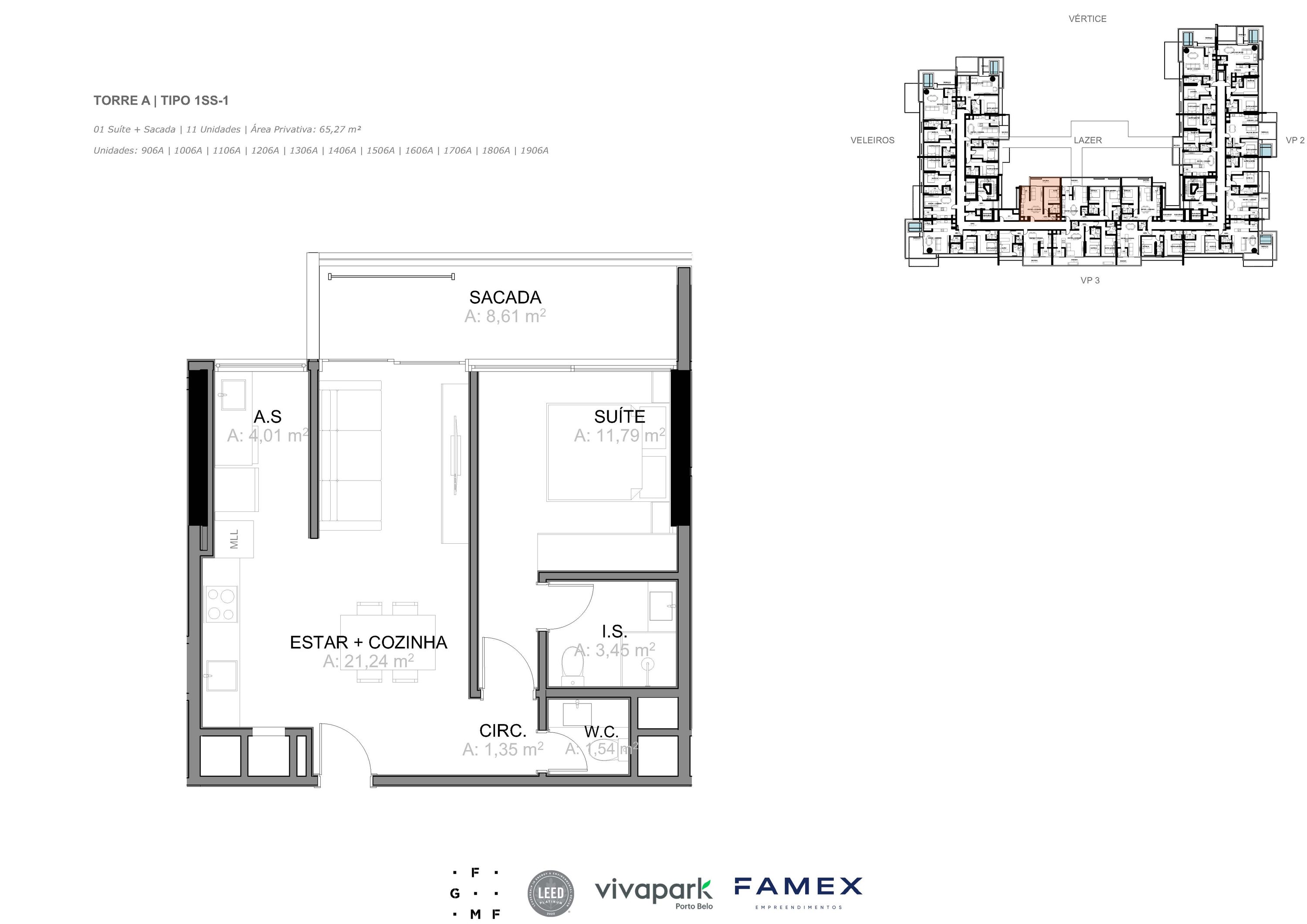 Torre A · Tipo 1SS-1 · 01 Suíte + Sacada · 65,27 m² · VITTA 27 · Vivapark Porto Belo