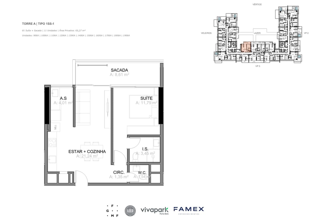 Torre A · Tipo 1SS-1 · 01 Suíte + Sacada · 65,27 m² · VITTA 27 · Vivapark Porto Belo