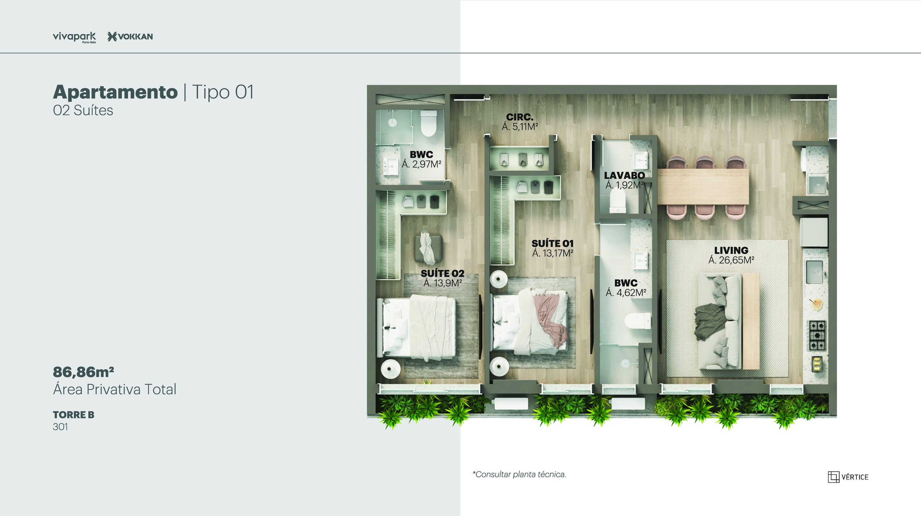 Tipo 01 · 2 suítes · 86,86 m² · B: 301 · Vértice · Vivapark Porto Belo
