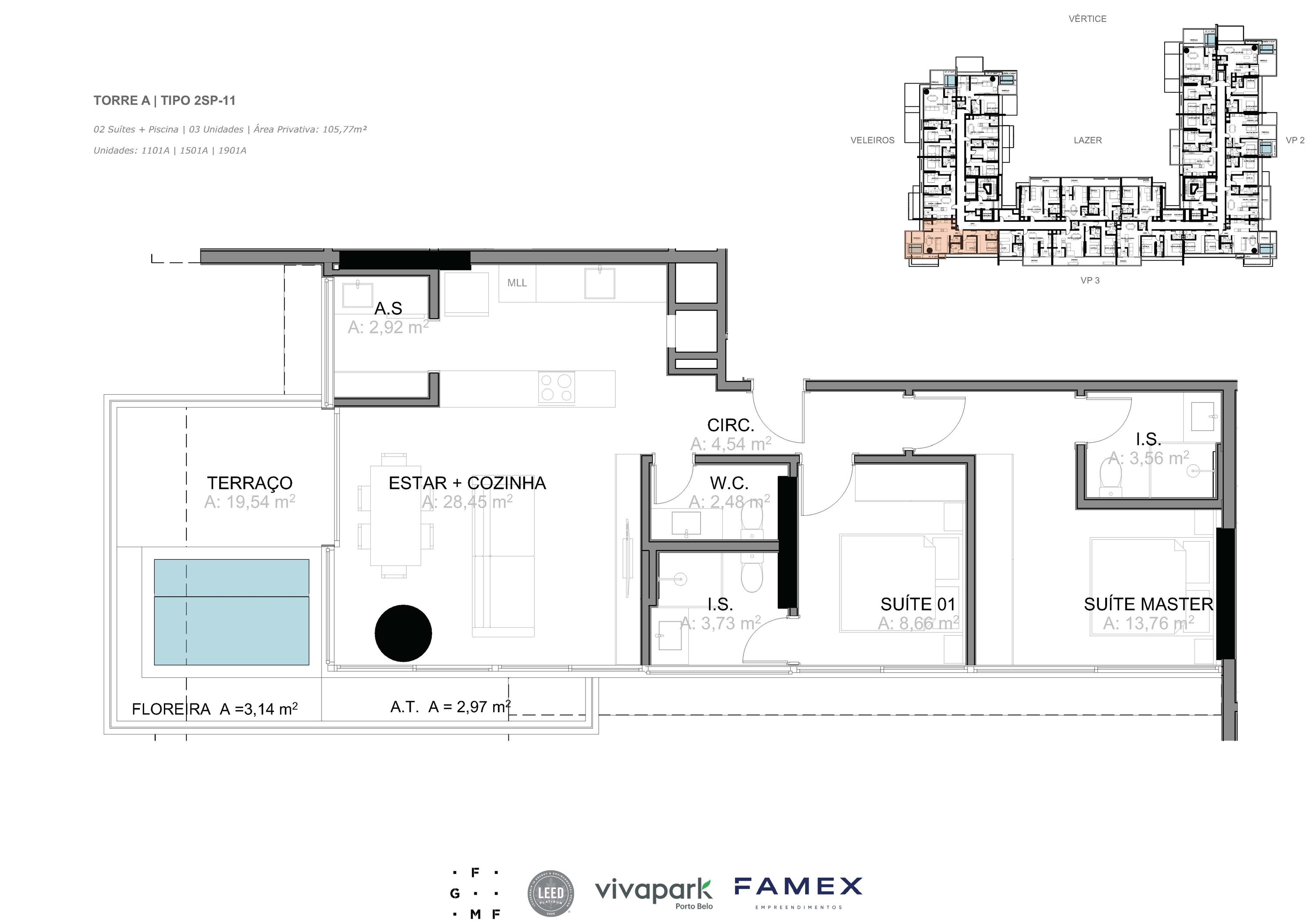 Torre A · Tipo 2SP-11 · 02 Suítes + Piscina · 105,77 m²