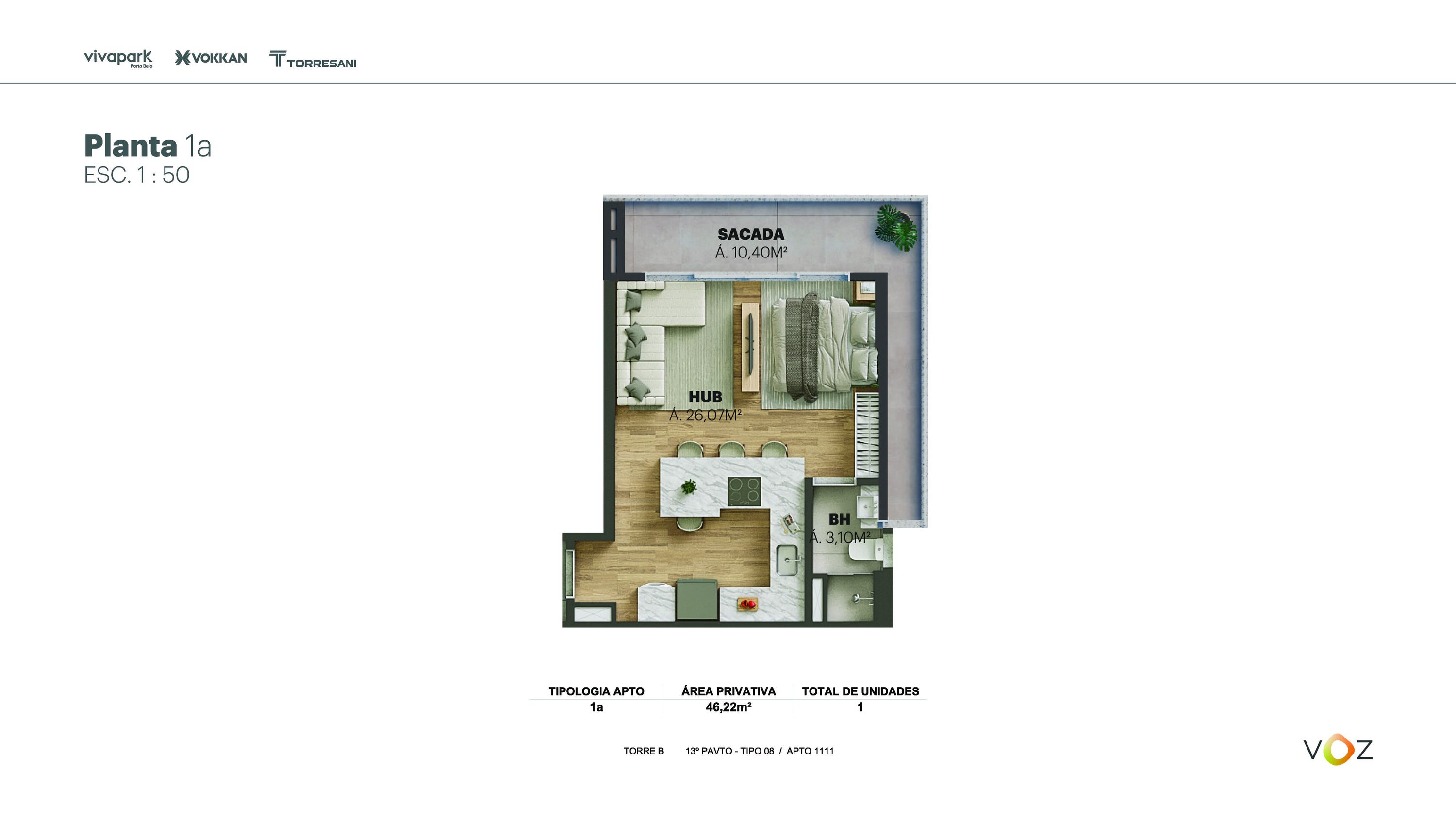 Planta 1a · 46,22 m² · Torre B: 1111 · Voz · Vivapark Porto Belo