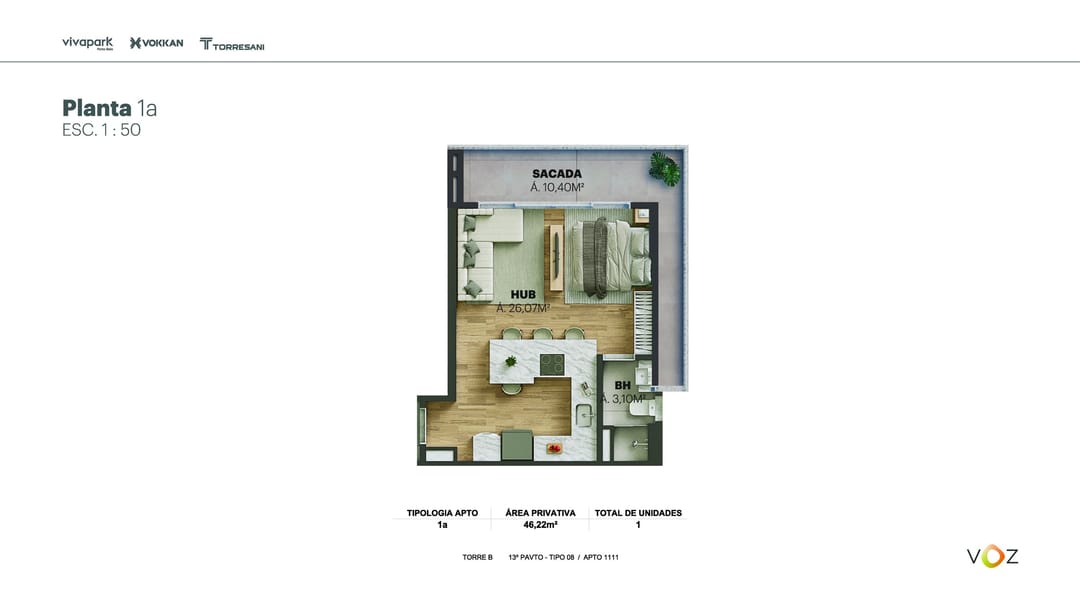 Planta 1a · 46,22 m² · Torre B: 1111 · Voz · Vivapark Porto Belo