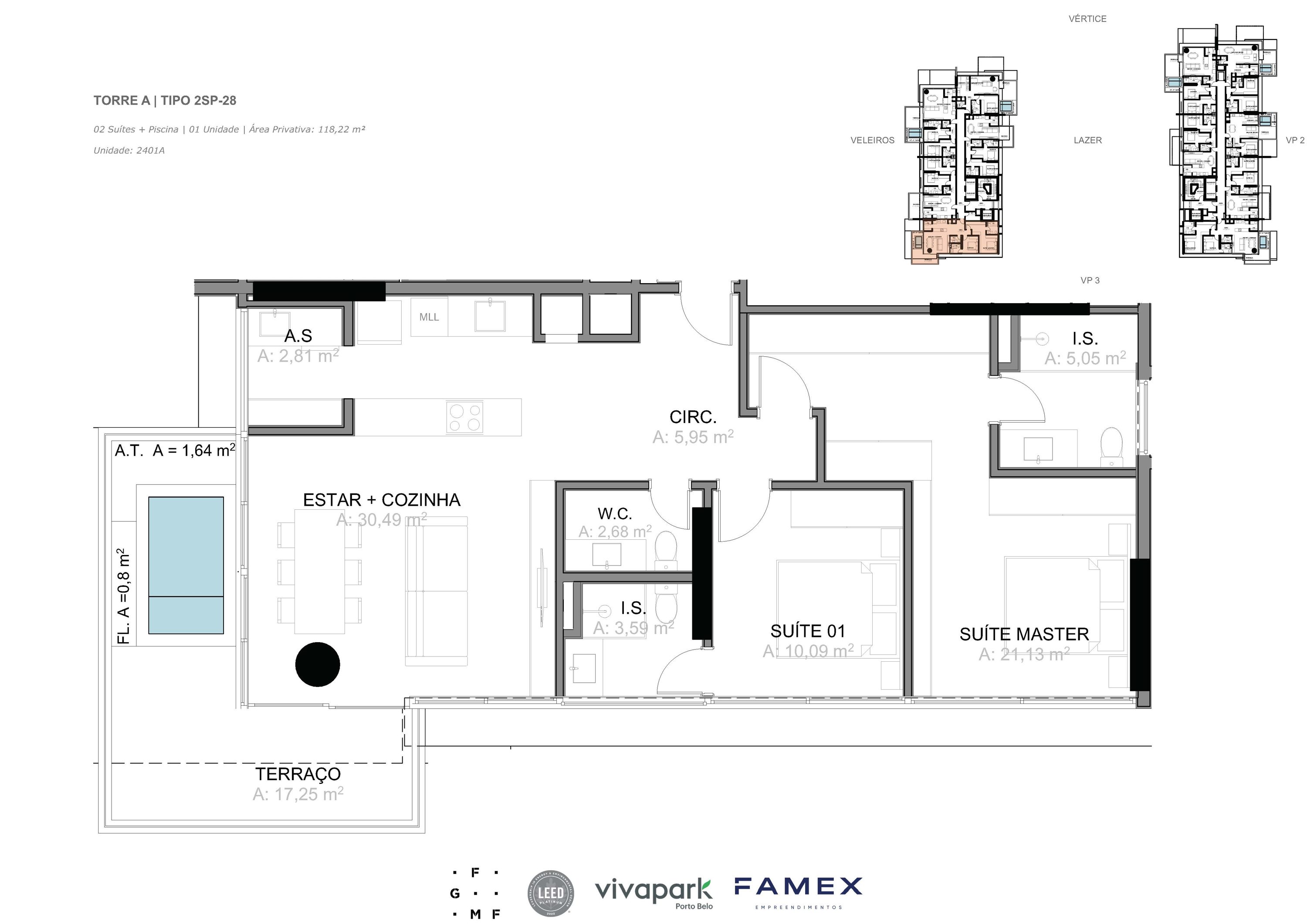 Torre A · Tipo 2SP-28 · 02 Suítes + Piscina · 118,22 m² · VITTA 27 · Vivapark Porto Belo
