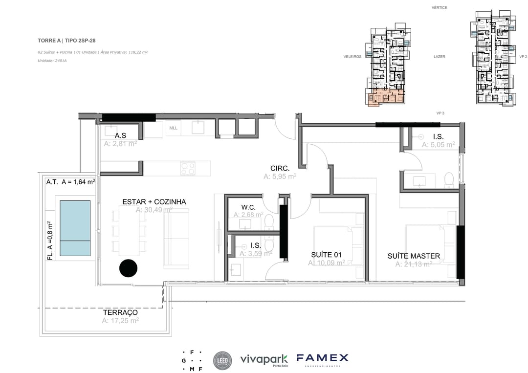 Torre A · Tipo 2SP-28 · 02 Suítes + Piscina · 118,22 m² · VITTA 27 · Vivapark Porto Belo