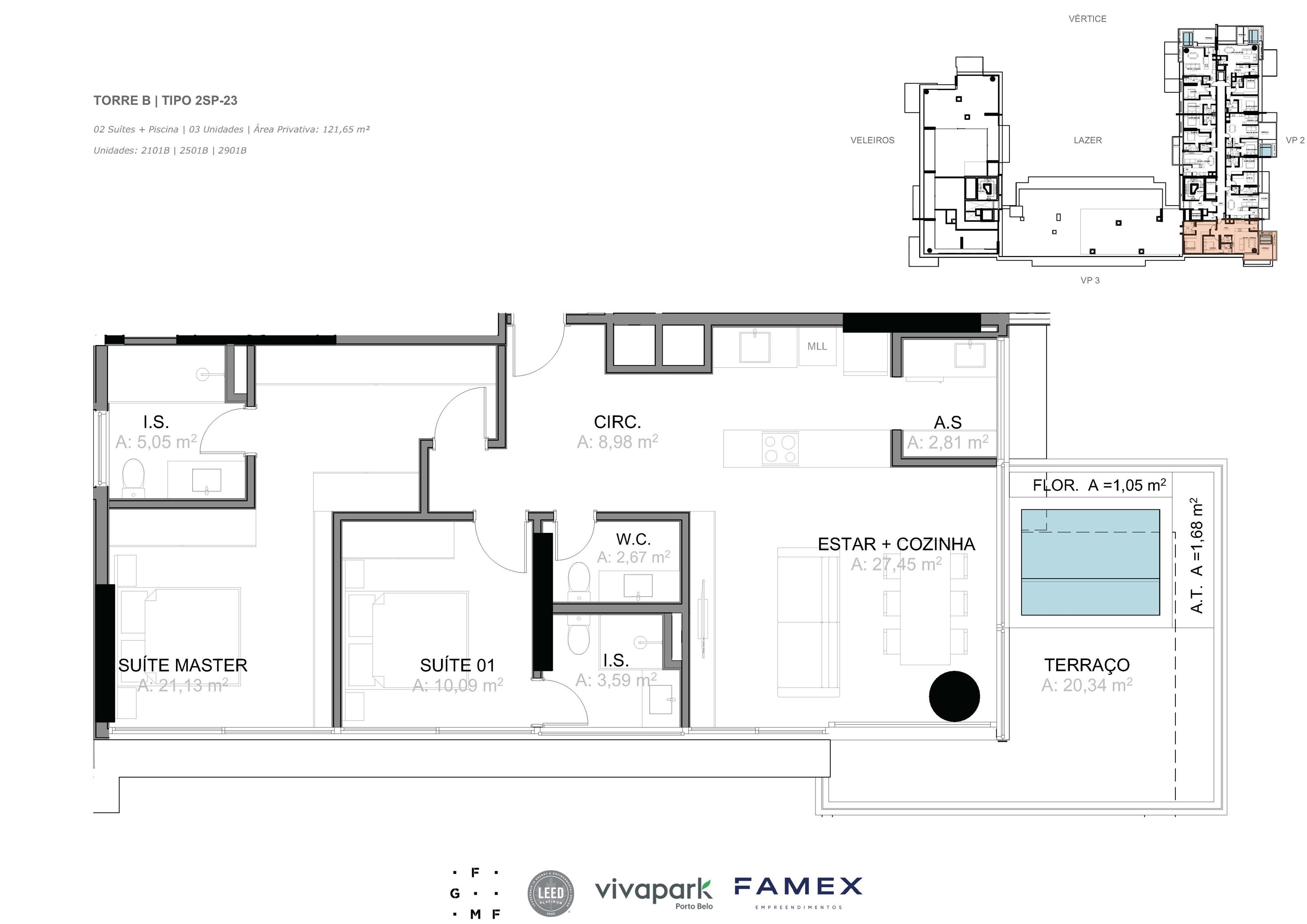 Torre B · Tipo 2SP-23 · 02 Suítes + Piscina · 121,65 m² · VITTA 27 · Vivapark Porto Belo