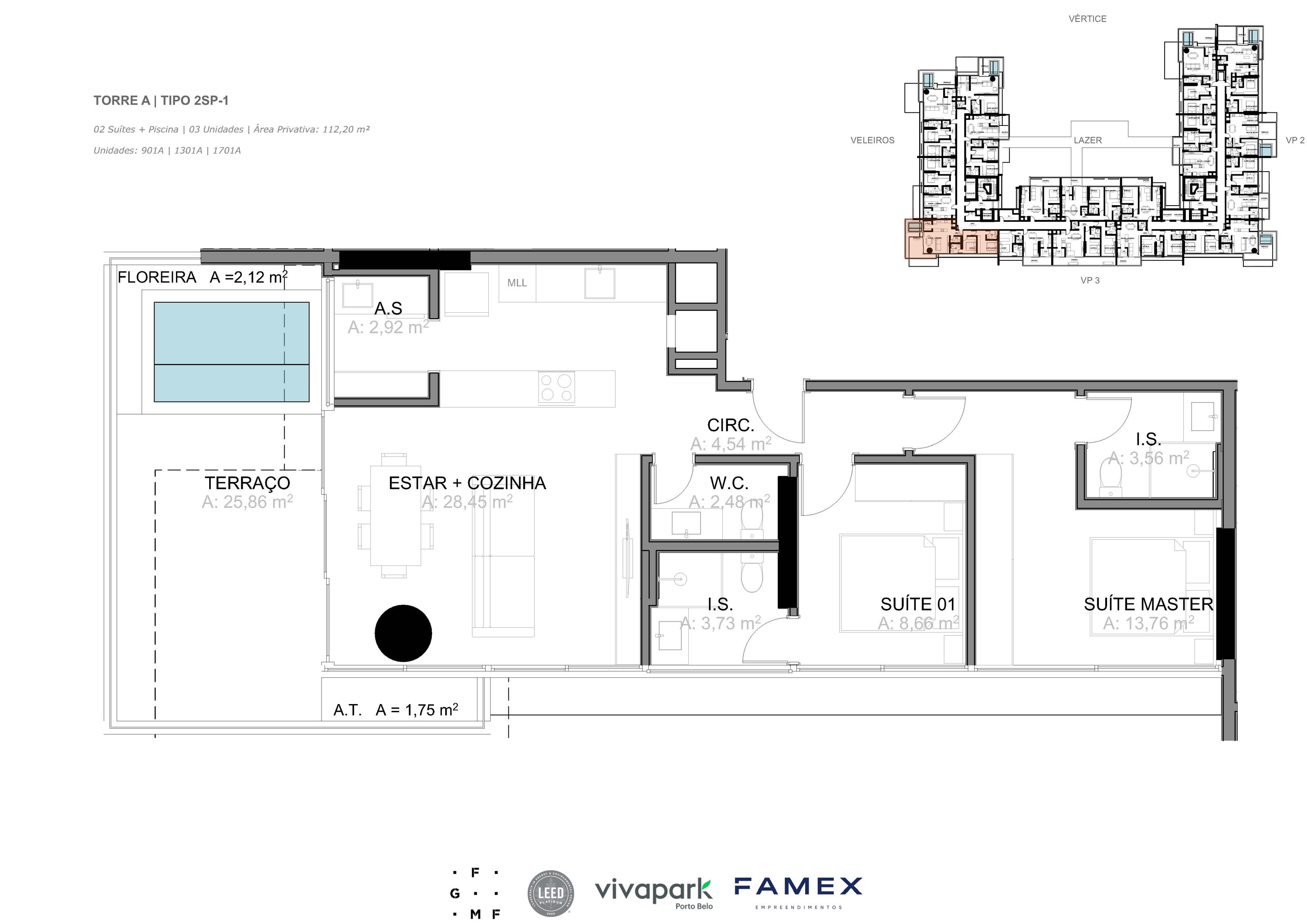 Torre A · Tipo 2SP-1 · 02 Suítes + Piscina · 112,20 m² · VITTA 27 · Vivapark Porto Belo