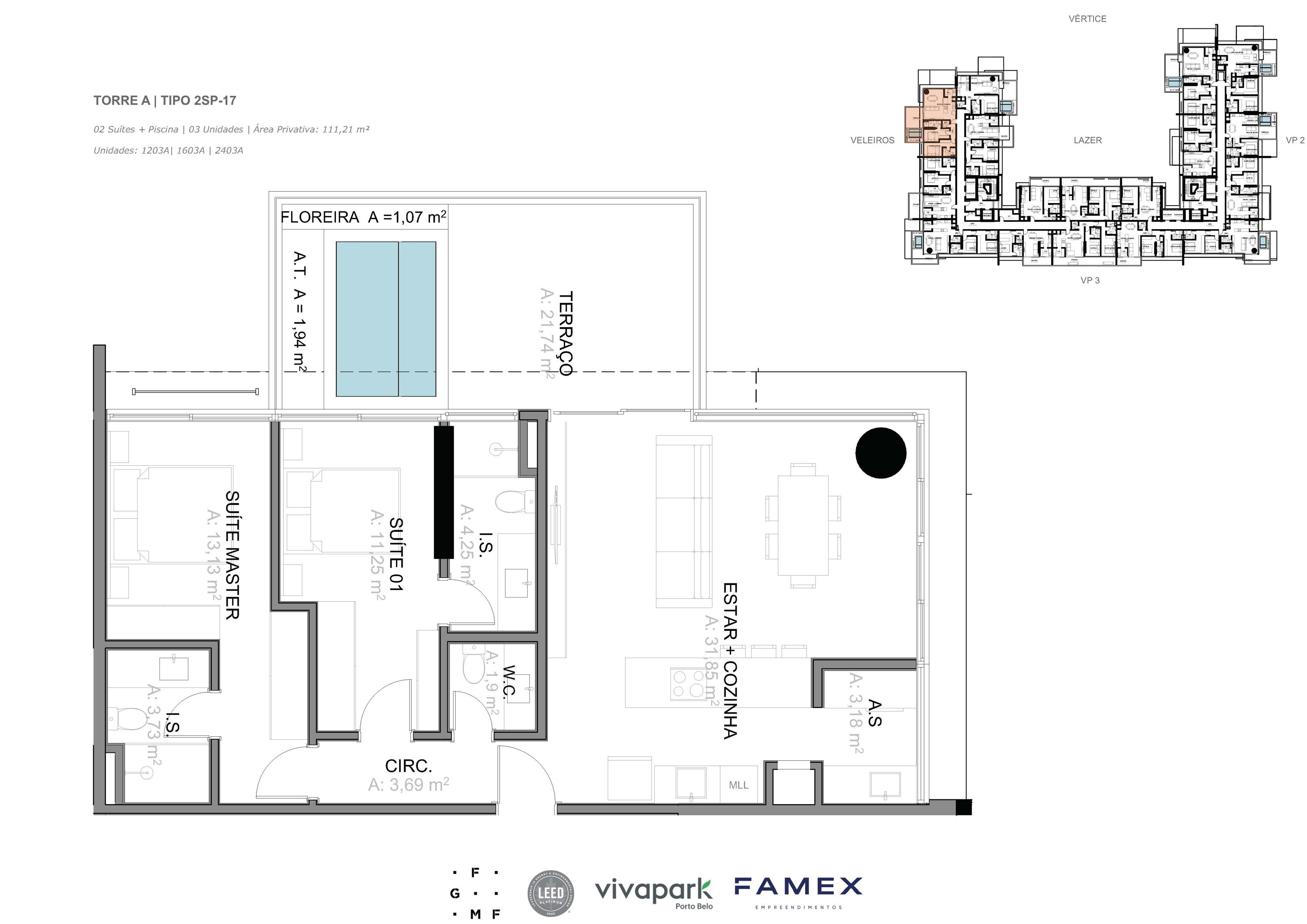 Torre A · Tipo 2SP-17 · 02 Suítes + Piscina · 111,21 m²