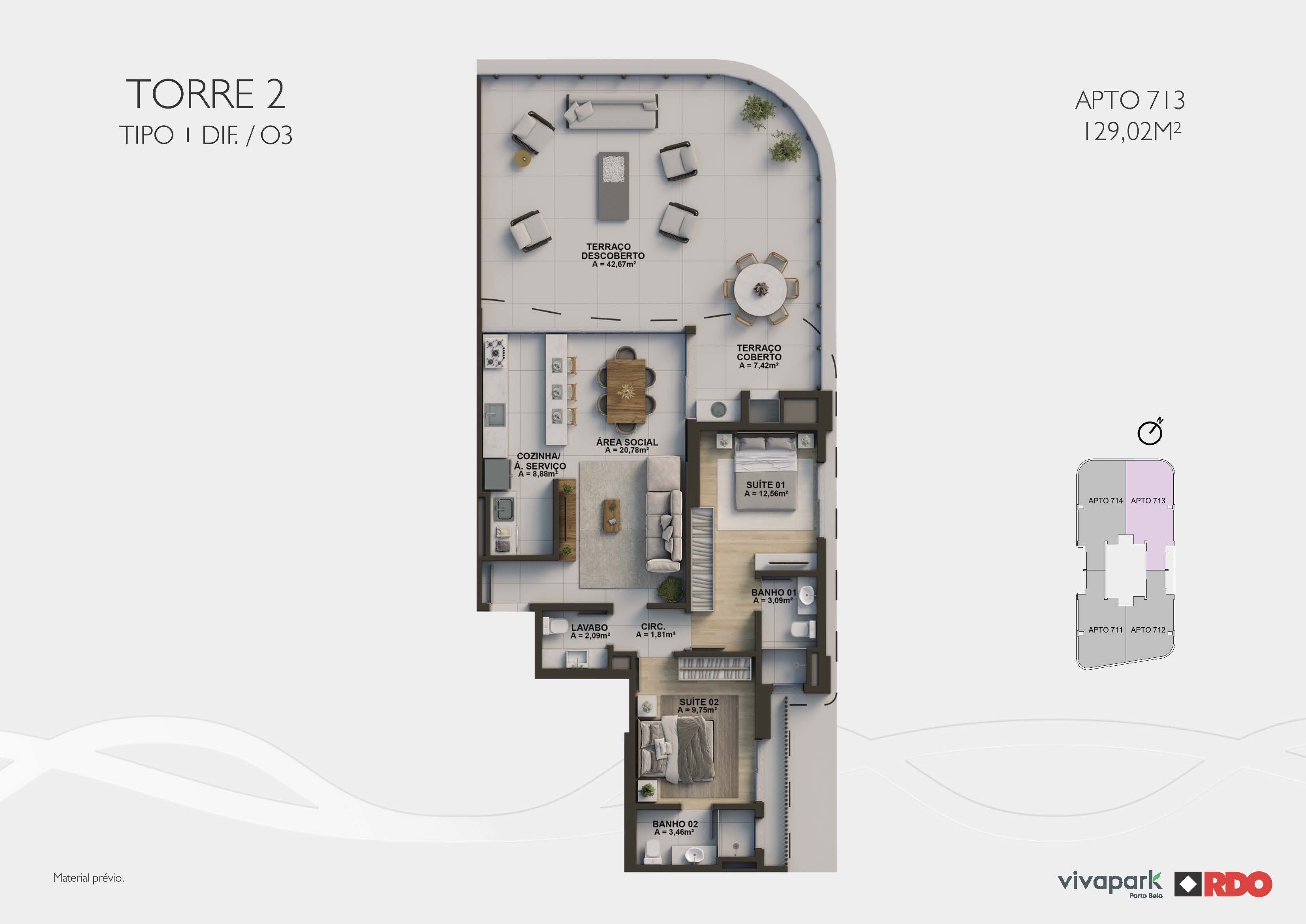 Torre 2 · Tipo 1 dif. O3 · Apto 713 · 129,02 m²