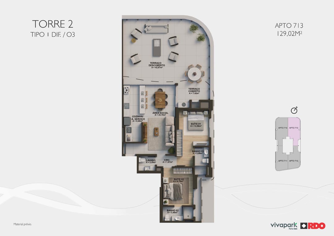 Torre 2 · Tipo 1 dif. O3 · Apto 713 · 129,02 m² · Valence · Vivapark Porto Belo