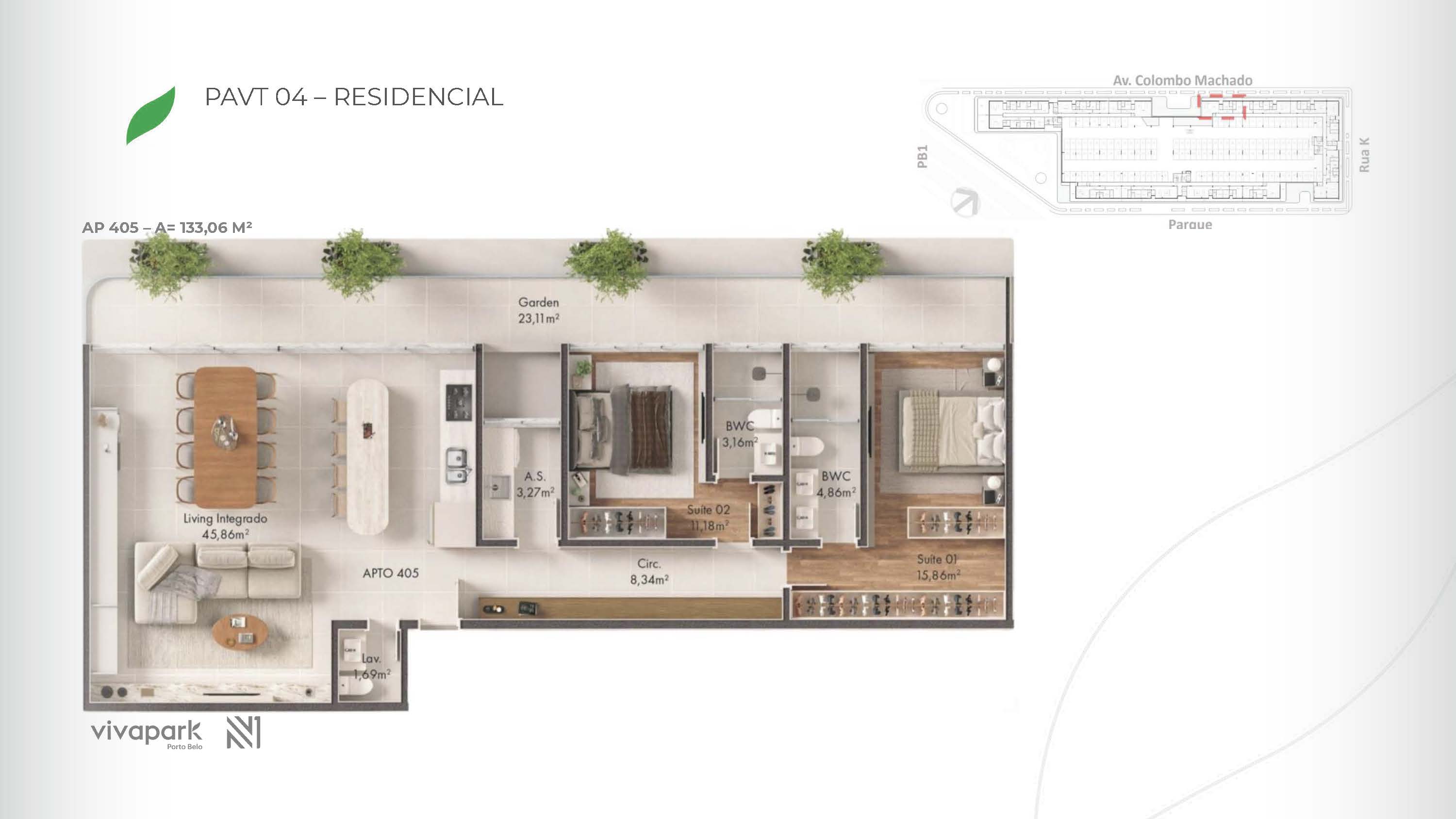 Base · Apt 405 · rendered floor plan · Vision · Vivapark Porto Belo