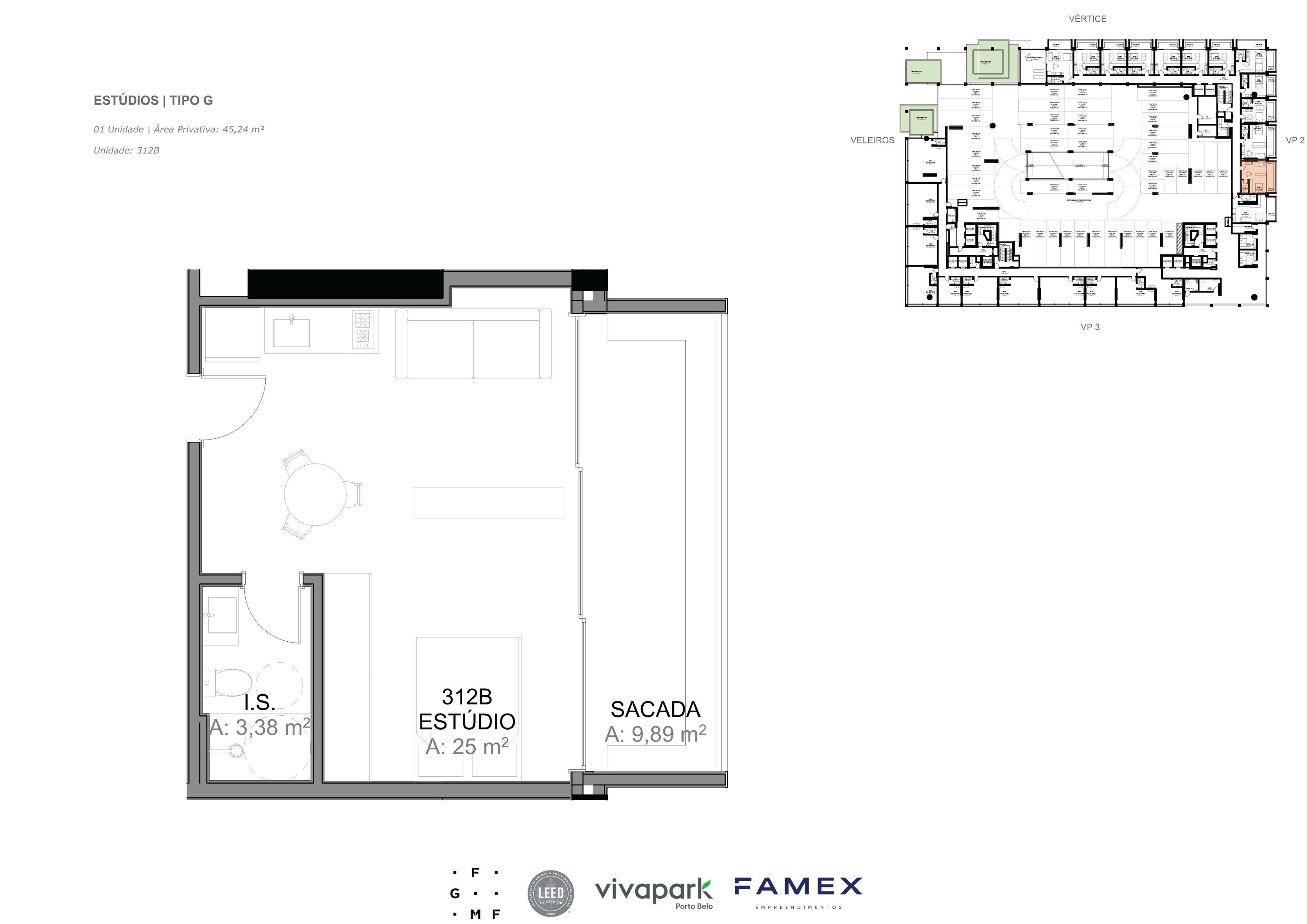 Estúdio · Tipo G · 45,24 m²