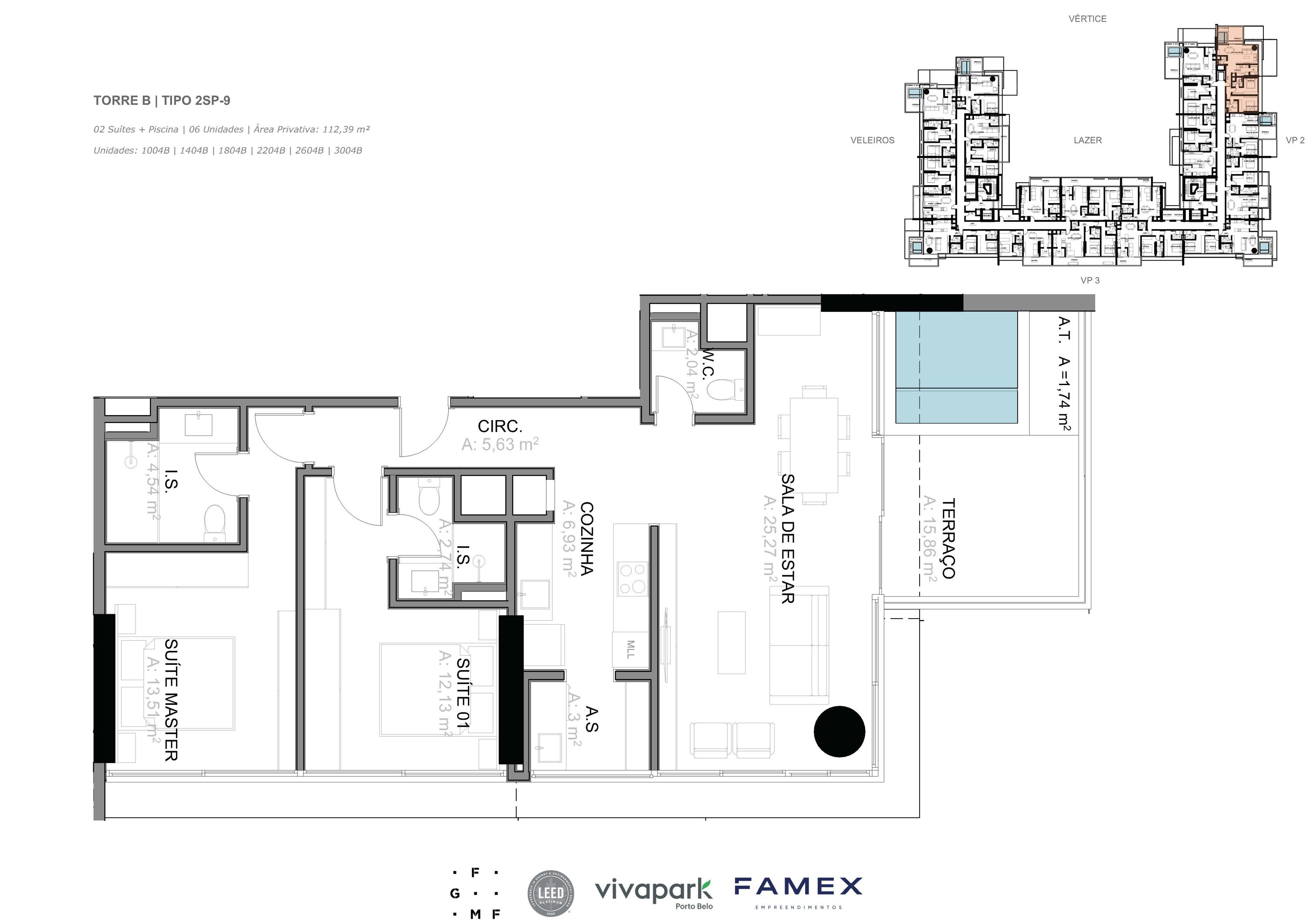 Torre B · Tipo 2SP-9 · 02 Suítes + Piscina · 112,39 m²